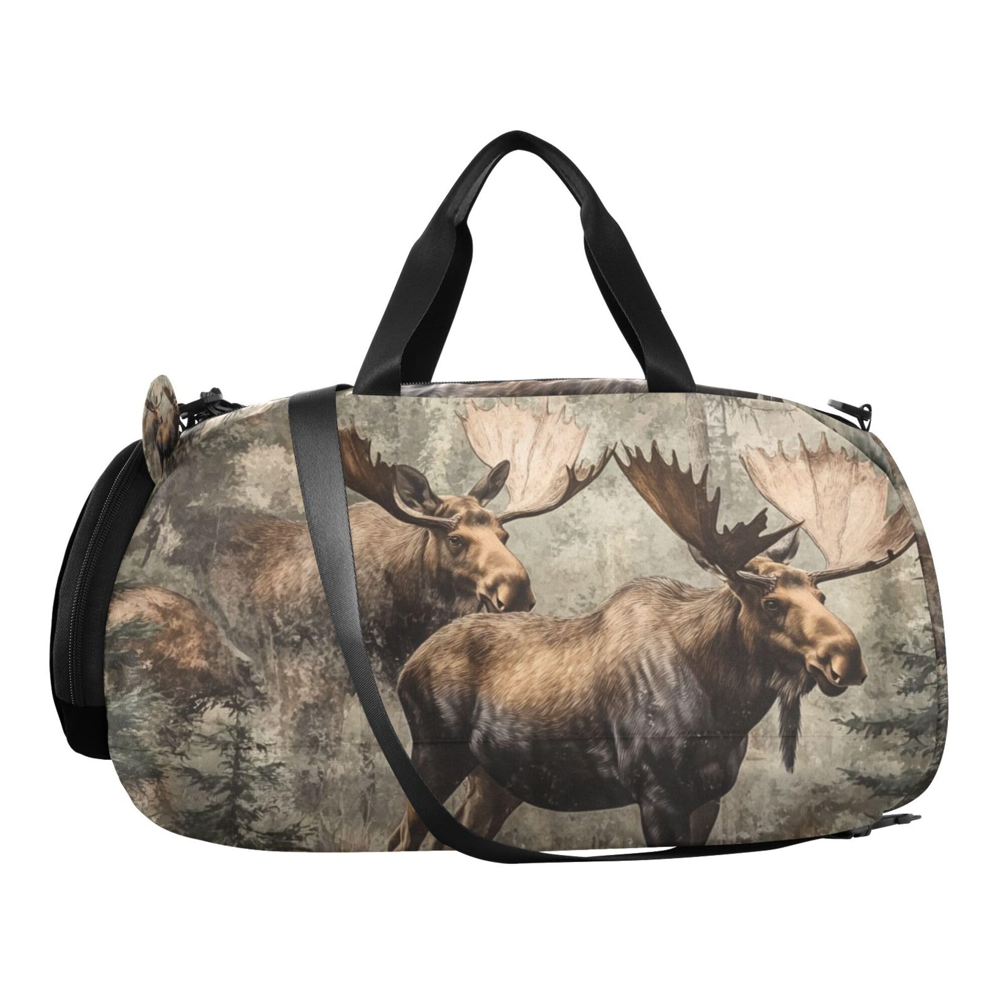 Glaphy Moose Animal Forest Duffle Bag for Toddler Boys Girls, Gym Sports Bag with Shoe Compartments, Kids Travel Overnight Weekender Shoulder Bag