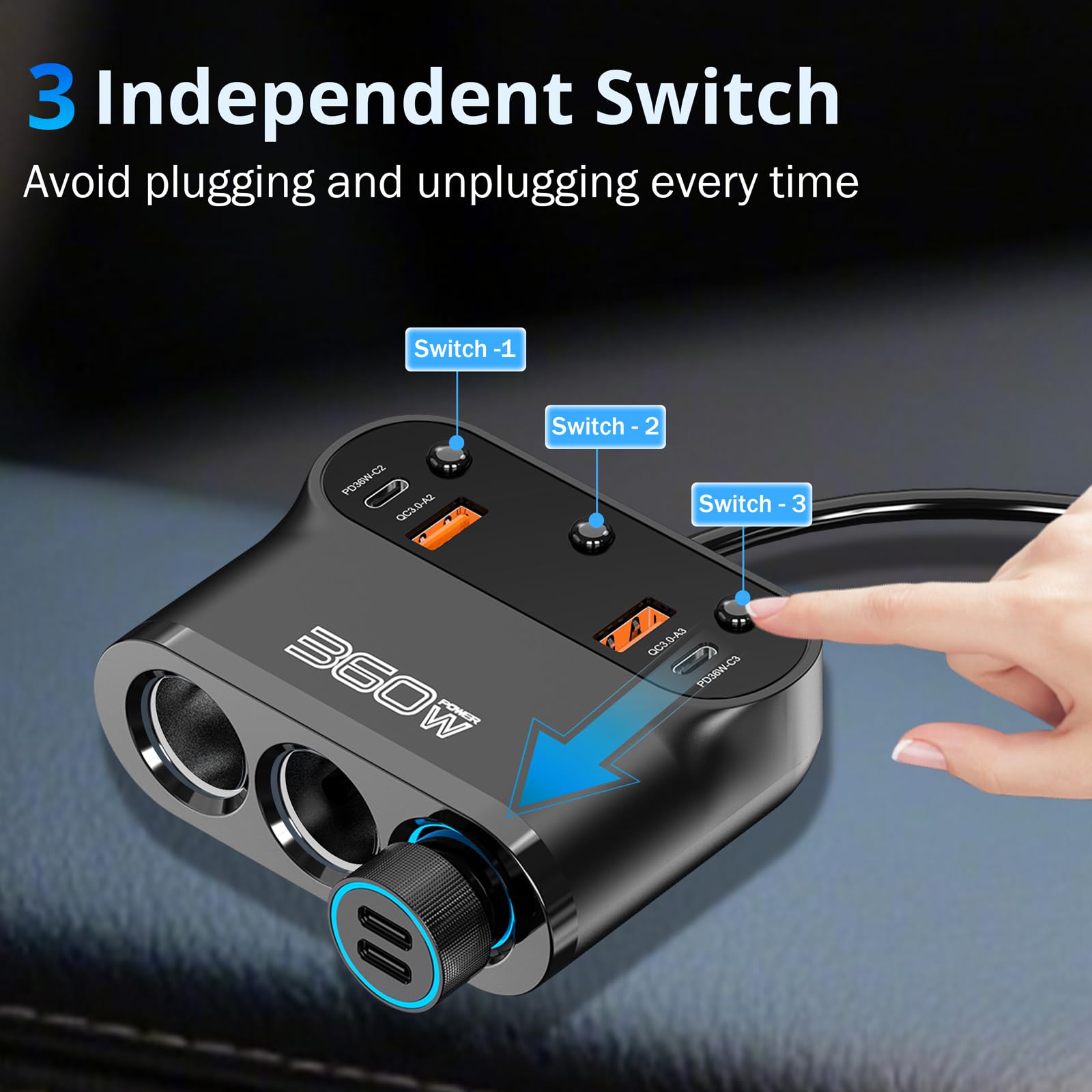 Qidoe 360W Prise Allume-Cigare Voiture 9 en 1, 3 x USB C PD 36W + Prises Multiples, 12V/24V Adaptateur Allume-cigares avec Interrupteur Voltmètre à LED Charge Rapide Phone/GPS/Dash Cam