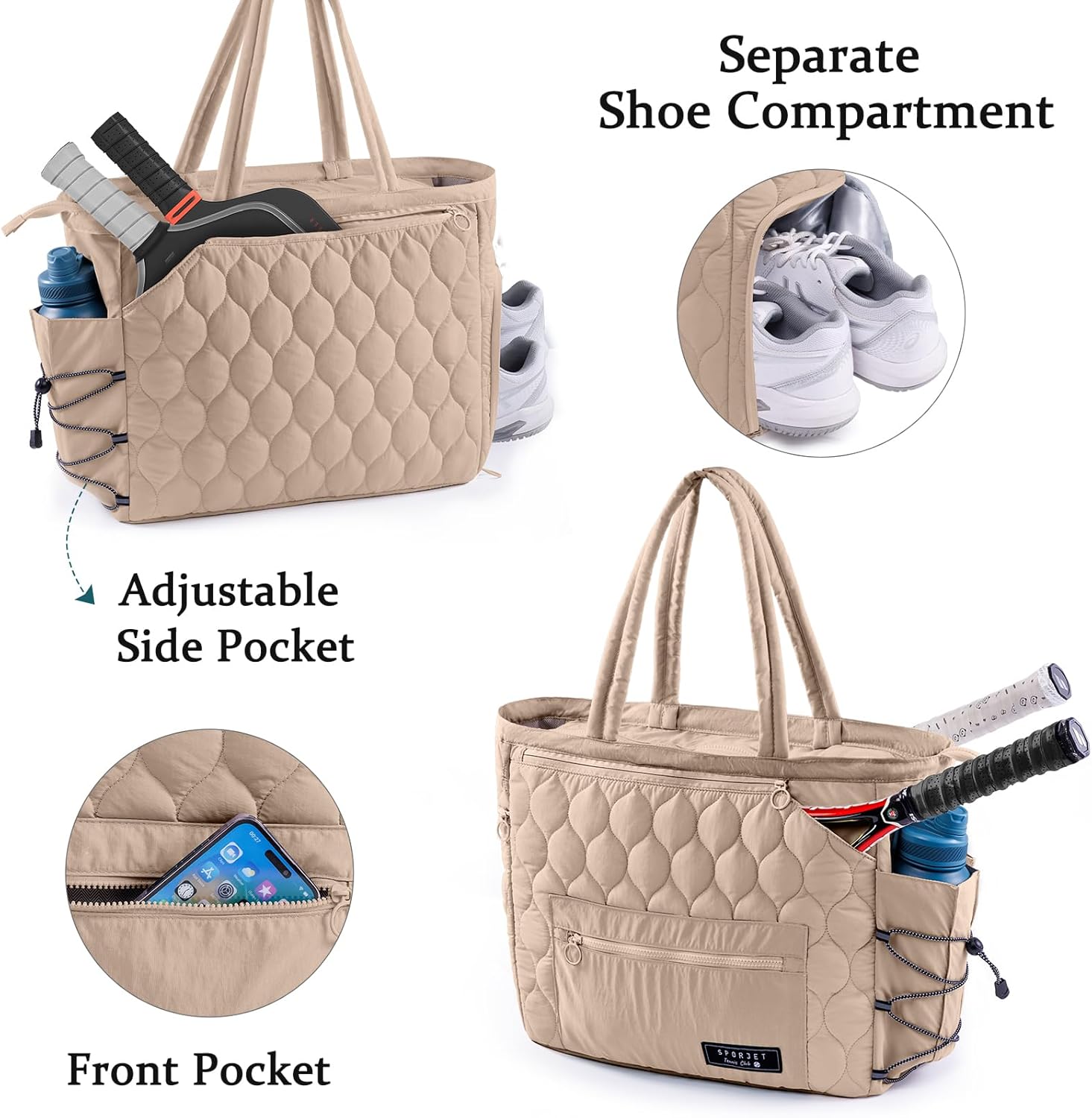 Tennis Gym Bag for Women, Tennis Bag Holds 2-4 Rackets with Shoe Compartment & Wet Pocket, Sports Duffle Bags fits up to 15.6" Laptop, Quilted Travel Overnight Weekend Bag, Tennis Gift
