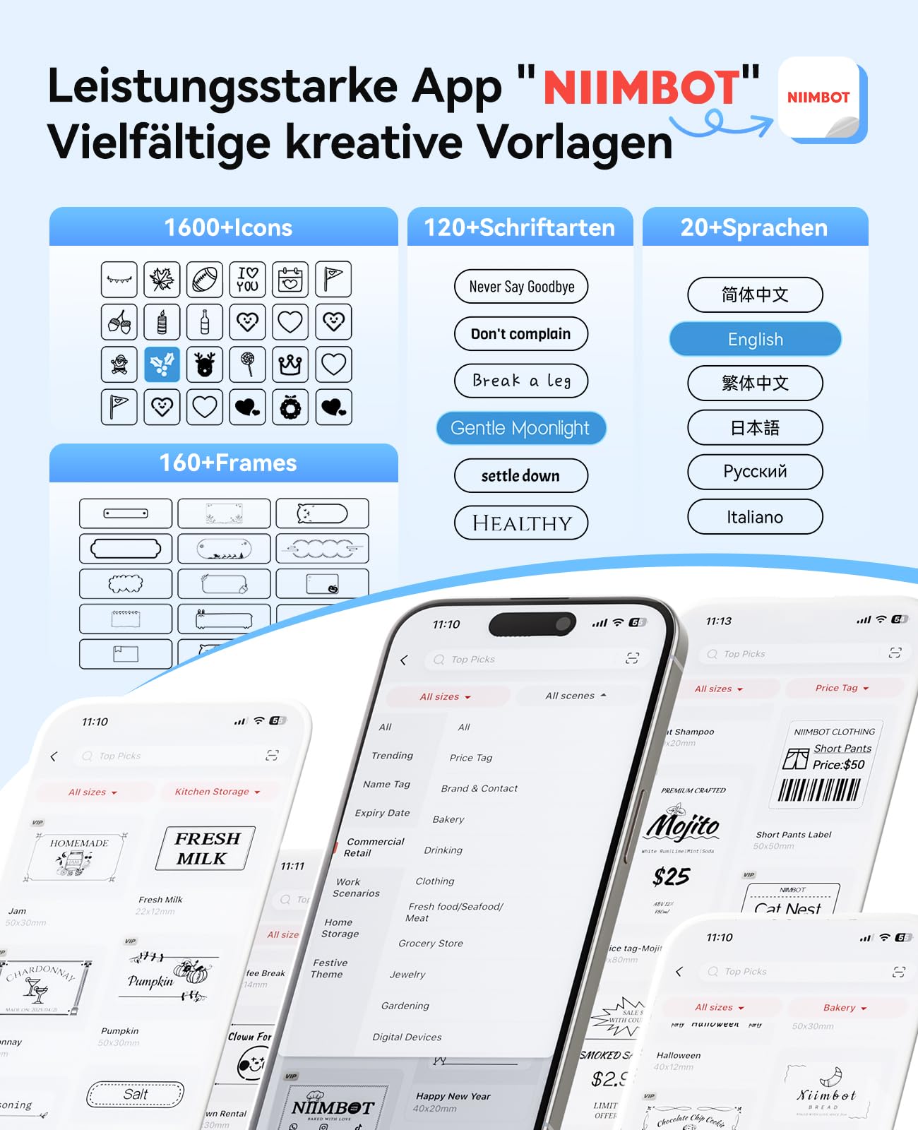 NIIMBOT B2 Pro Etikettendrucker mit 3 Rollen Wasserfeste Etiketten Selbstklebend, 300DPI Etikettiergerät Bluetooth Label Printer für Fotos, Adressetiketten, Preisschilder, Silber