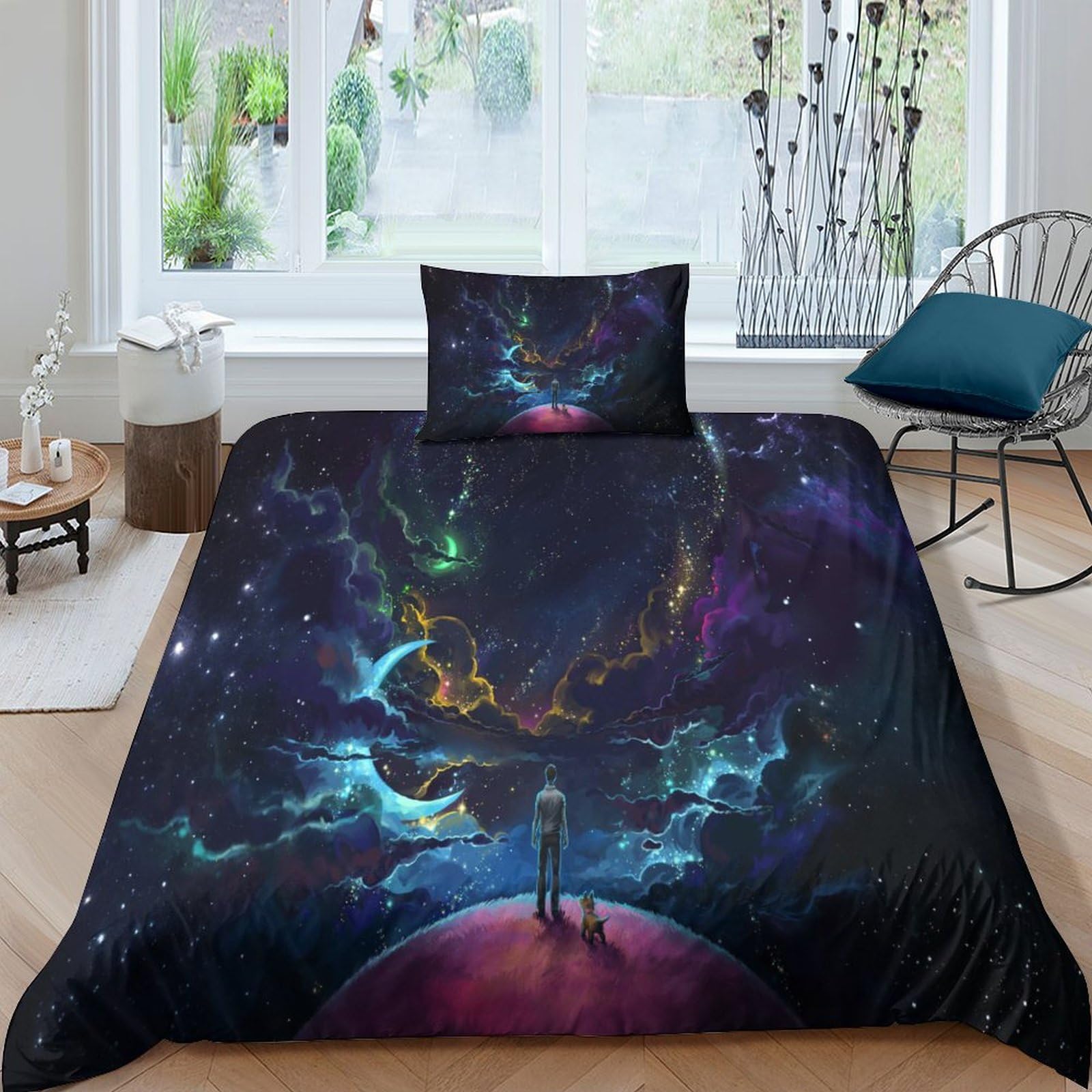 Housse de couette Galaxie 3D 135x200cm avec 2 taies d'oreiller en microfibre pour lit simple