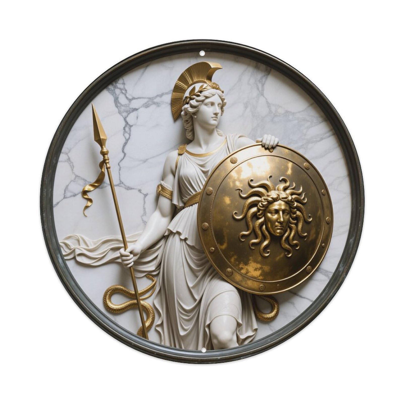 Goddess With Spear And Shield Round Tin Sign Vintage Metal Poster, Home Bar Garage Man Cave Cafe Indoor & Outdoor Wall Decoration 8x8Inches