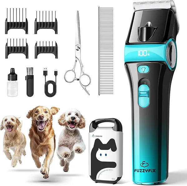FuzzyFix Dog Clippers for Grooming with 5-in-1 Blade, Dog Grooming Kit Cordless Rechargeable Hair Trimmer Detachable Stainless Steel Blade Pet Shaver for Small Puppy Paw Face Head Body
