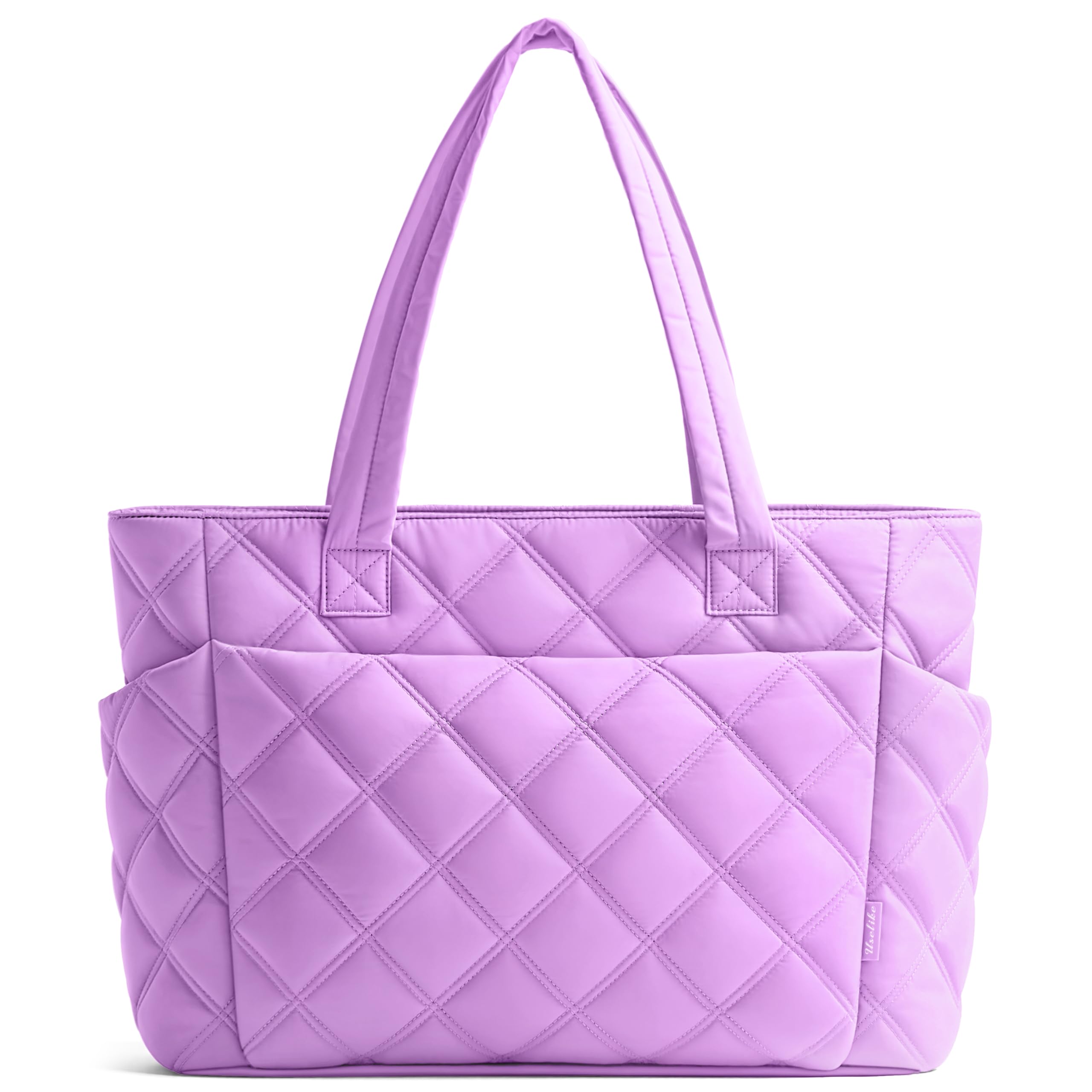 Uselike Tote Bag for Women, Lightweight Puffer Tote Work Bags with Compartments for Travel, Quilted Shoulder Bag with Zipper Purple
