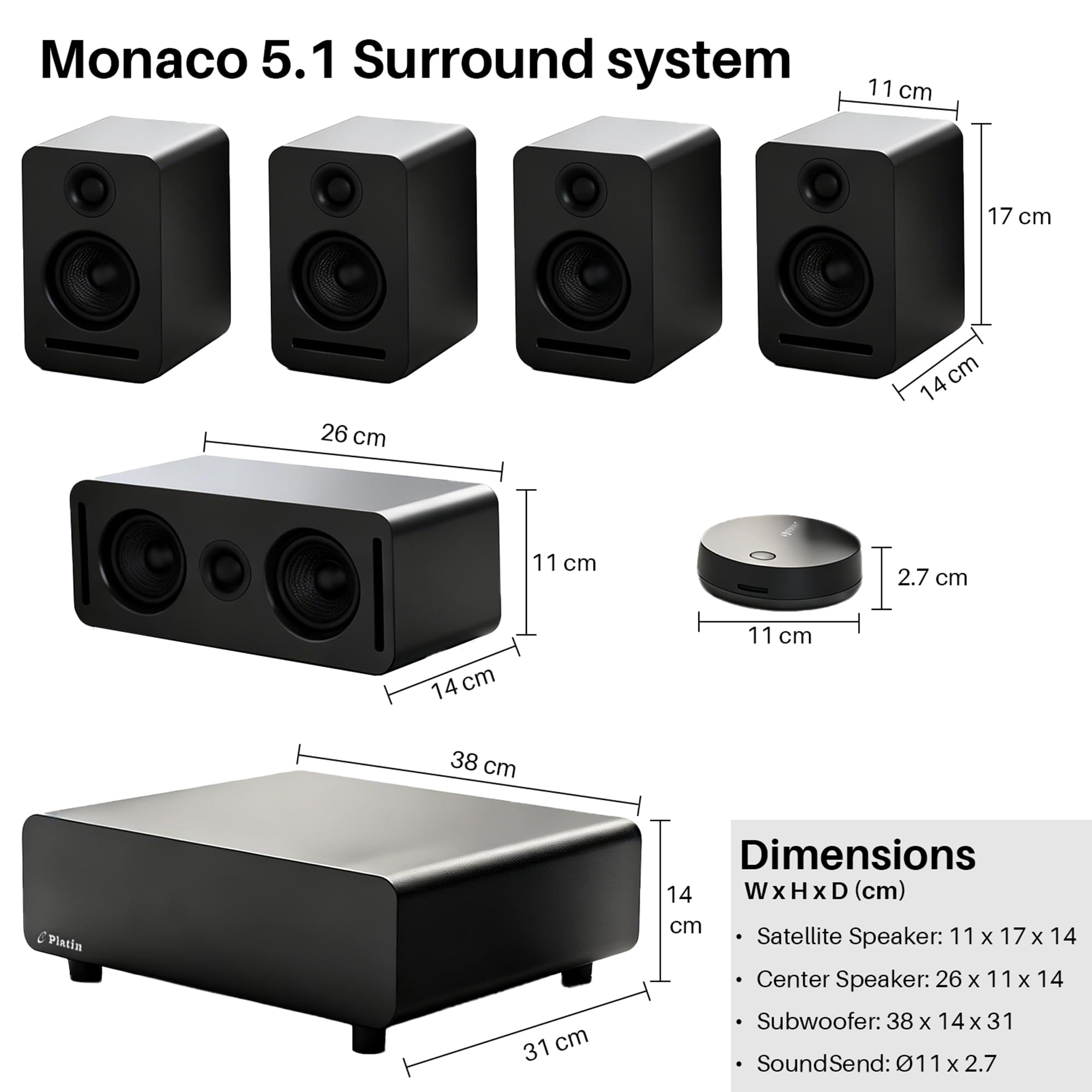 Système audio 5.1 sans fil avec Dolby Atmos – Système audio home cinéma Monaco, système de son surround WiSA, accordé THX, audio 24 bits, pour TV et Xbox, noir