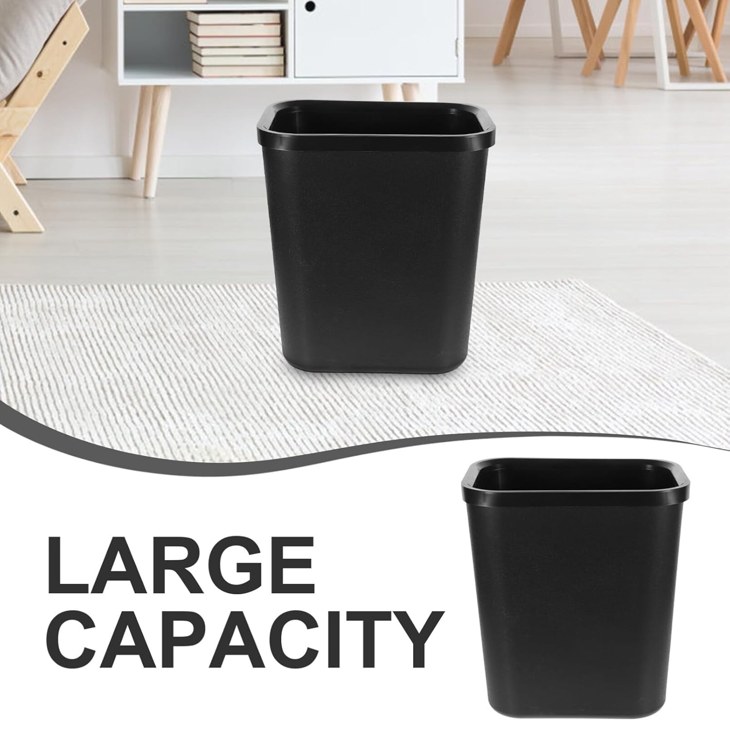 4 Gallon Trash Can Plastic Wastebasket 13 Quart Waste Basket Square Open Bin 15L Dust Bin Garbage Container for Bathroom Bedroom Kitchen Office Black