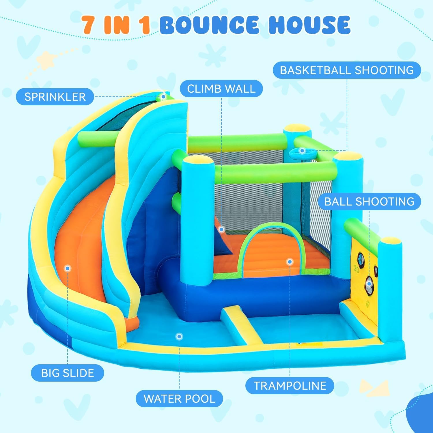 Parco acquatico gonfiabile con scivolo, spruzzatore, trampolino, piscina, parete da arrampicata e canestro da basket, include ventilatore d'aria, casa di rimbalzo all'aperto per bambini e bambini, può