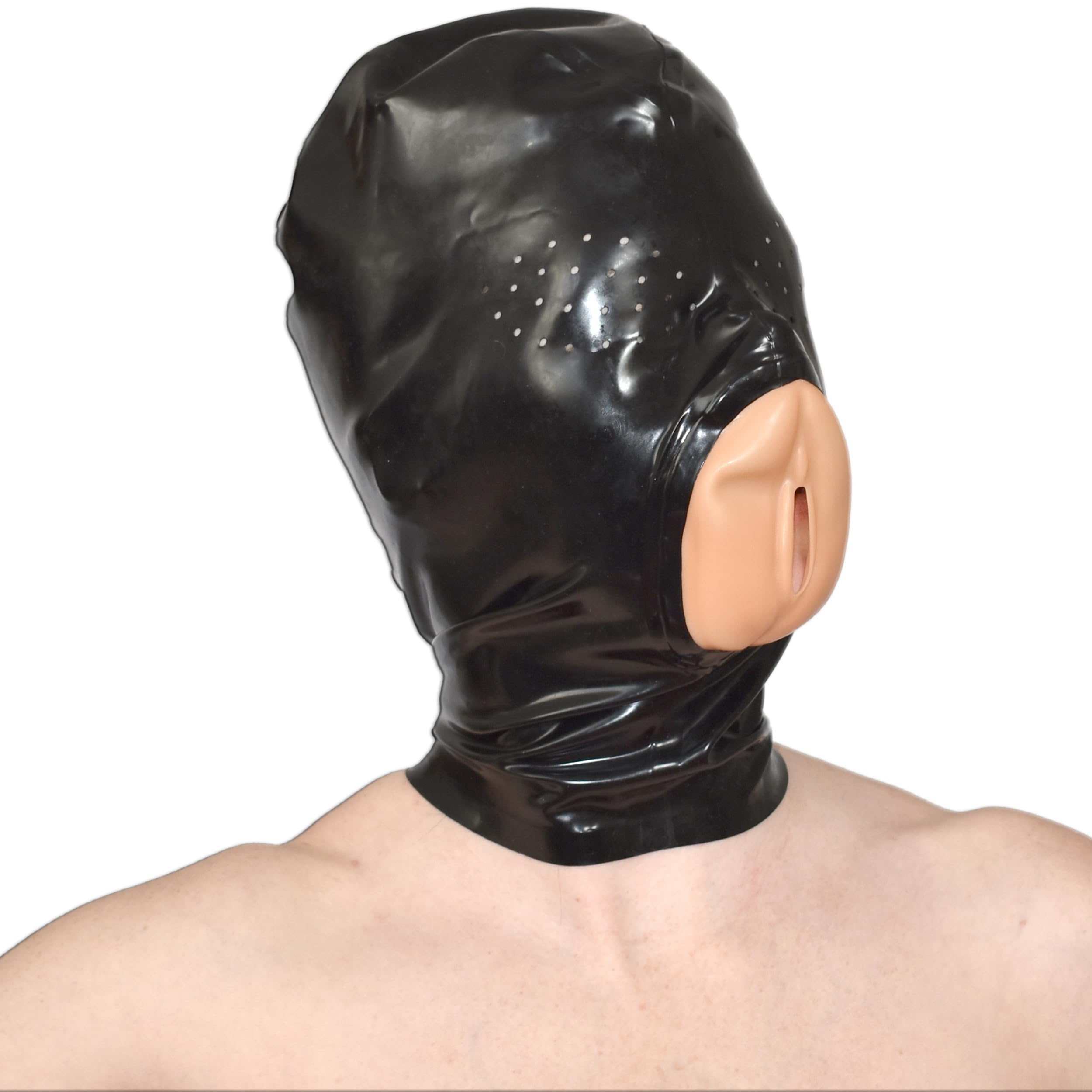 Honeylust - Latex Fetish Mask with Vagina Mouth Opening – Bondage Hood BDSM, Gag Mask Oral Sex, Breathing Hole, Pocket Pussy for Role Play