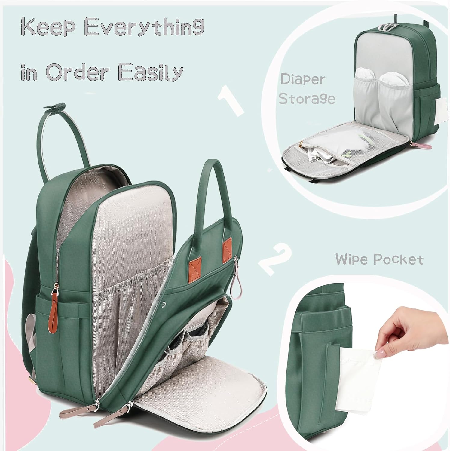 18 Pockets Large Diaper Bag Backpack with 4 Insulated Pockets and Stroller Clips, Baby Shower Essentials (XL Green, Extra Large)