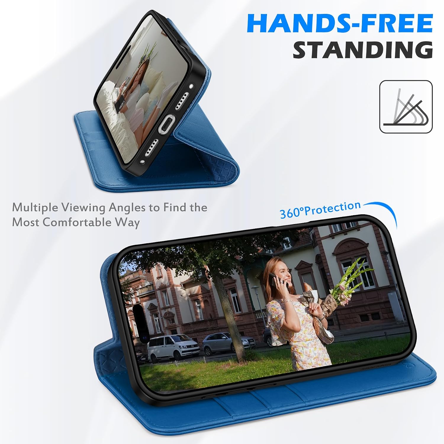 SHIELDON Genuine Leather Case Wallet for iPhone 17 Pro 6.3 Inch 2025 | Kickstand | RFID Blocking 3 Credit Card Holder | Flip Magnetic Closure | Shockproof Phone Cover | Sapphire Blue