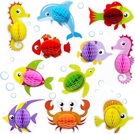 Timecity Ocean Sea Animals Centerpiece - 11 Pcs Sea Creature Decoration - Mermaid Honeycomb for Baby Shower and Birthday Party Supply