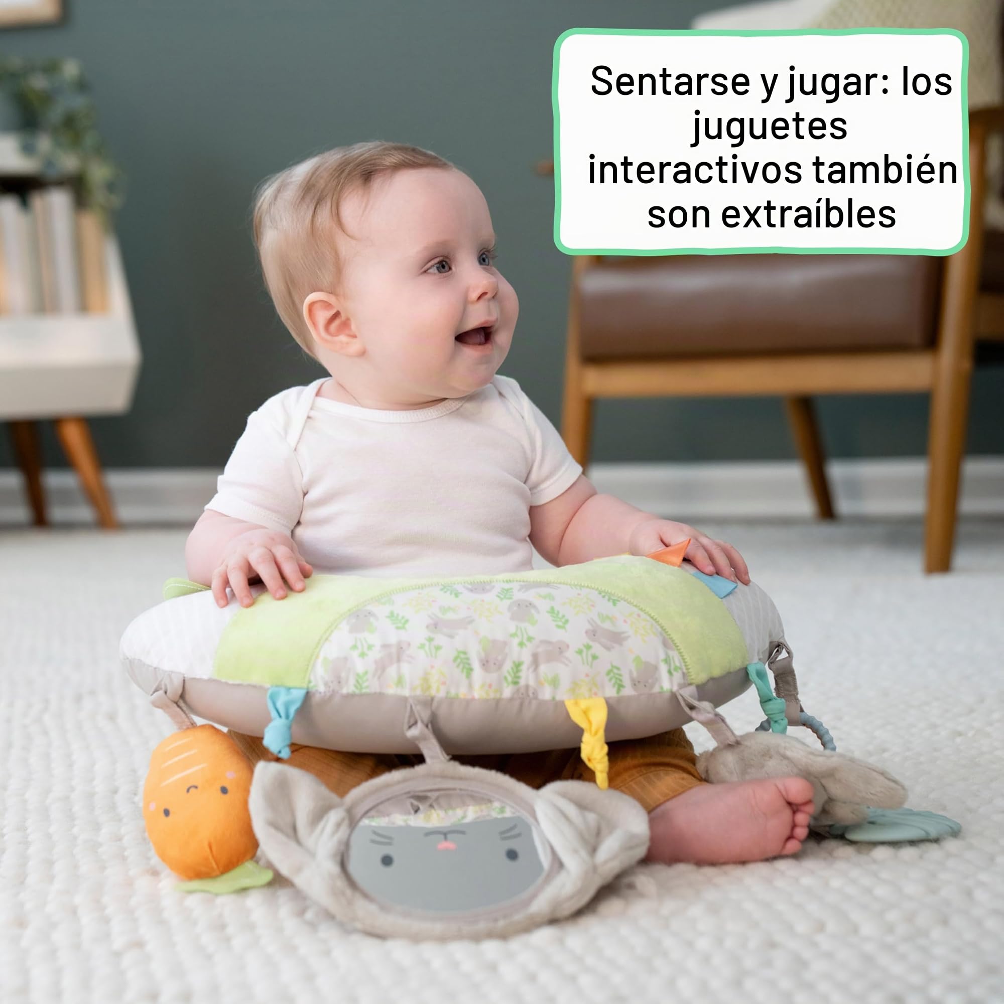 Ingenuity, Cojín para el Tiempo Boca Abajo Cozy Prop Sylvi, Multisensorial con 4 Juguetes Desmontables, Estimula el Desarrollo y la Coordinación, Suave Conejito de Peluche, Desde Recién Nacidos