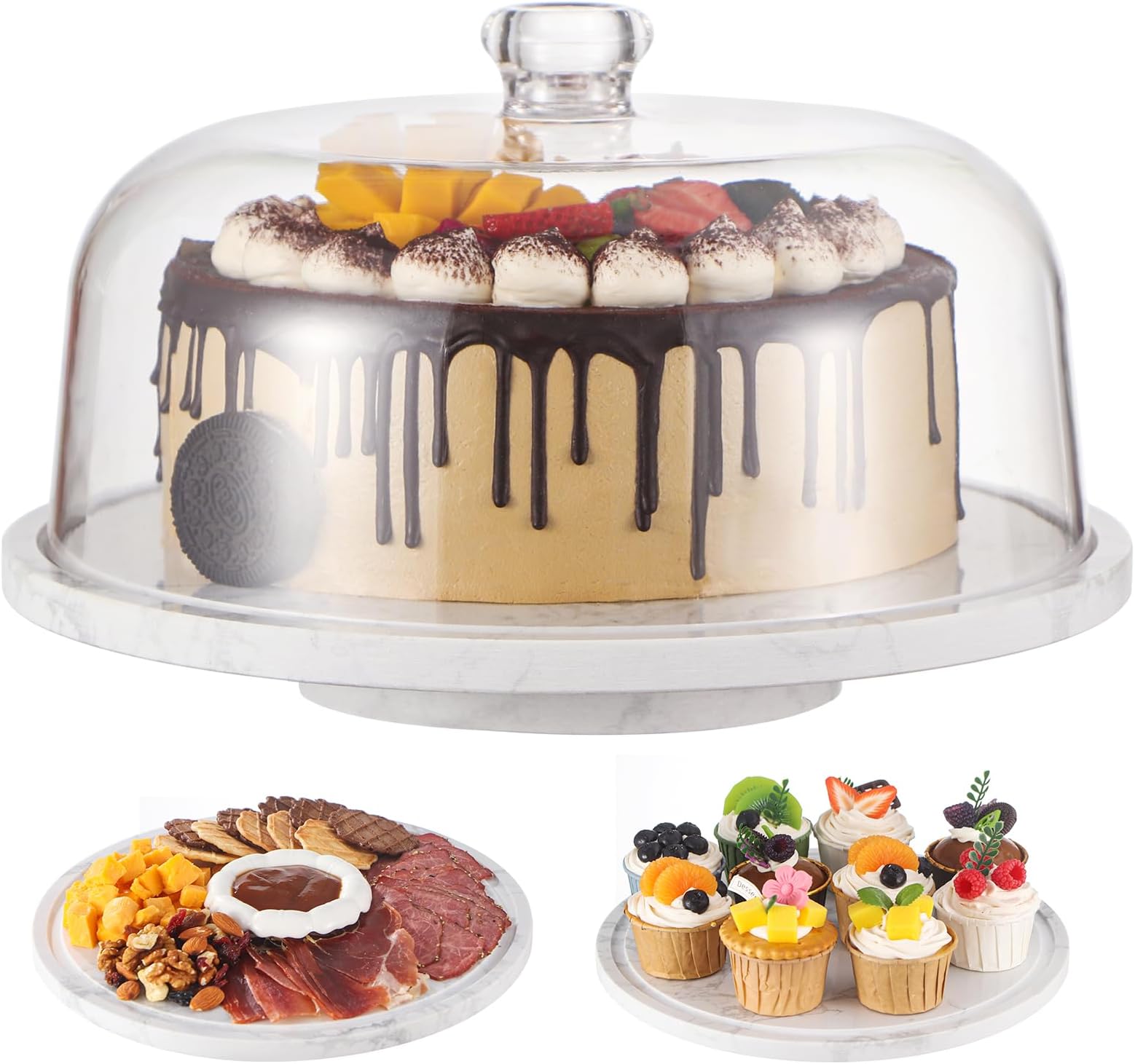 Rotatable Marble Cake Stand with Dome，360° Rotating Cake Stand with Lid，11.8in（30cm） Stone Lazy Susan with Acrylic Lid，Turnable Cheese Pie Dessert Display Stand，Revolving Serving Platter with Cover