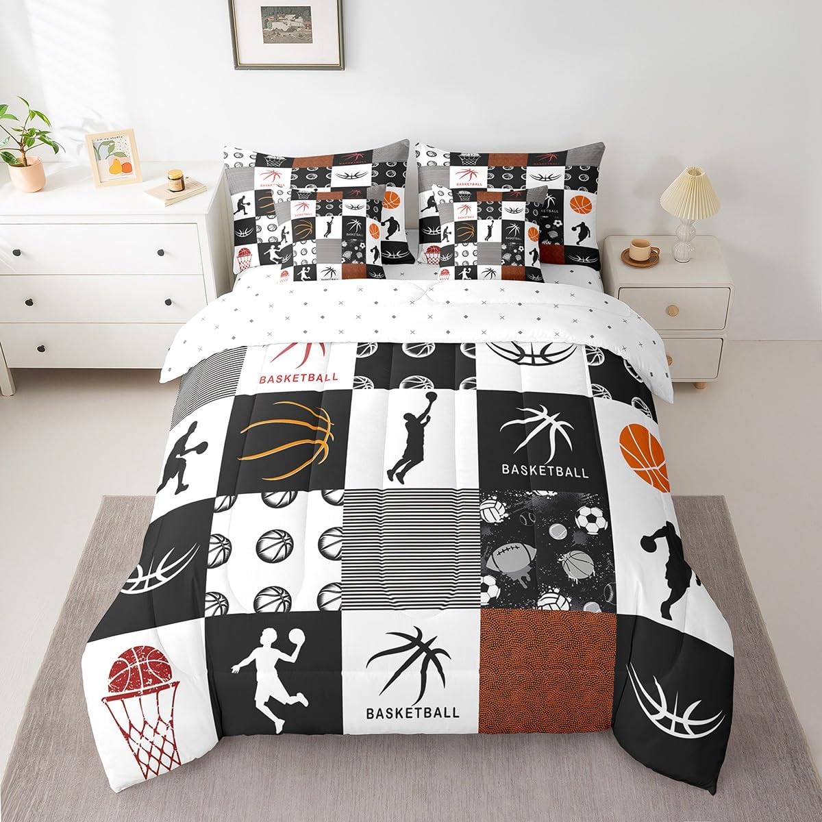 Erosebridal Basketball Bed in a Bag Queen Comforter Set 7 Piece,Sports Game Bedding Sets Patchwork Ball Sheet Set with Comforter