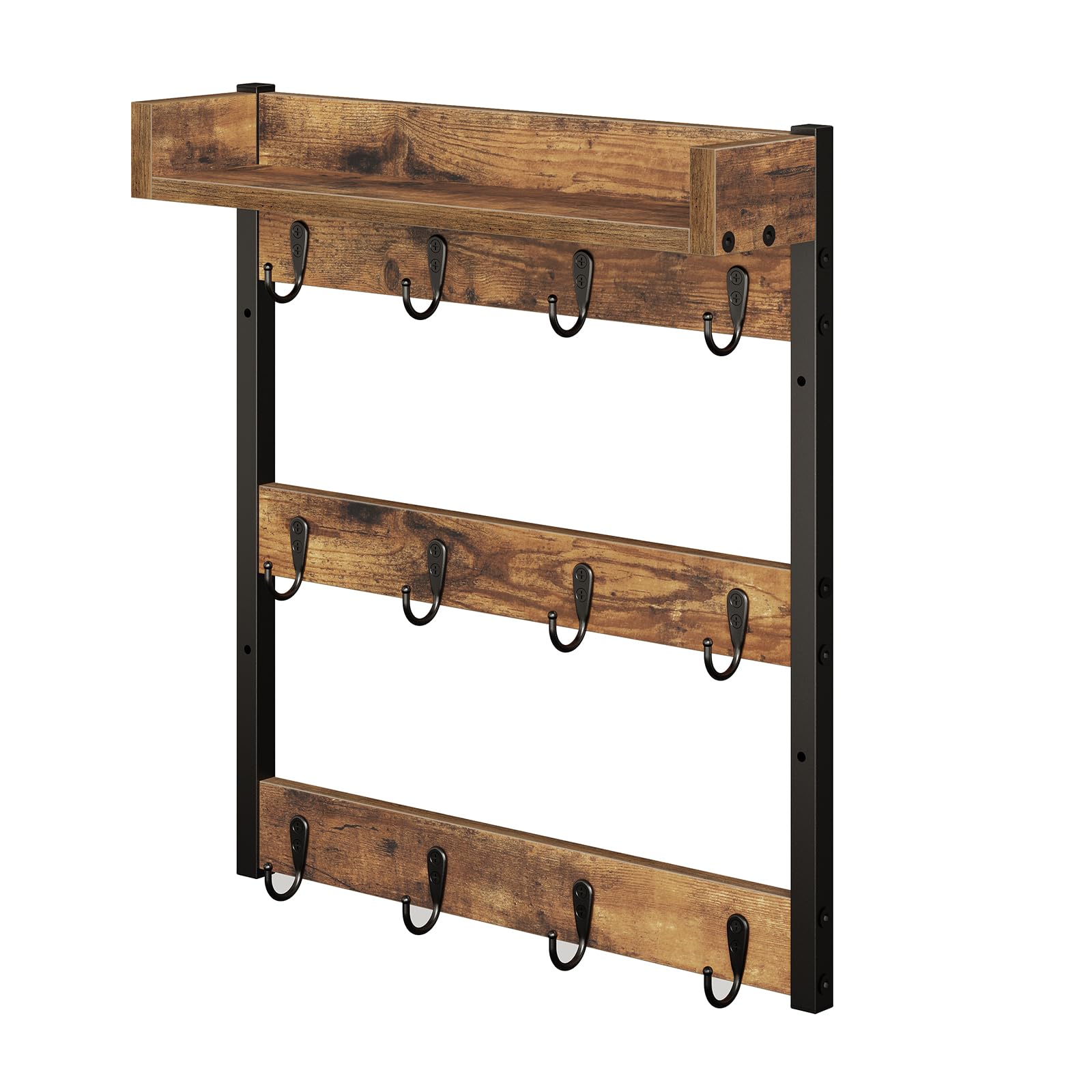 YATINEY Porte-​Tasses à Café, Porte-​Mug mural, Porte-​Gobelets à 3 niveaux, Présentoir suspendu avec plateau de rangement, convient 12 tasses, pour cuisine, salon, café, Marron Rustique et Noir XMH42BR