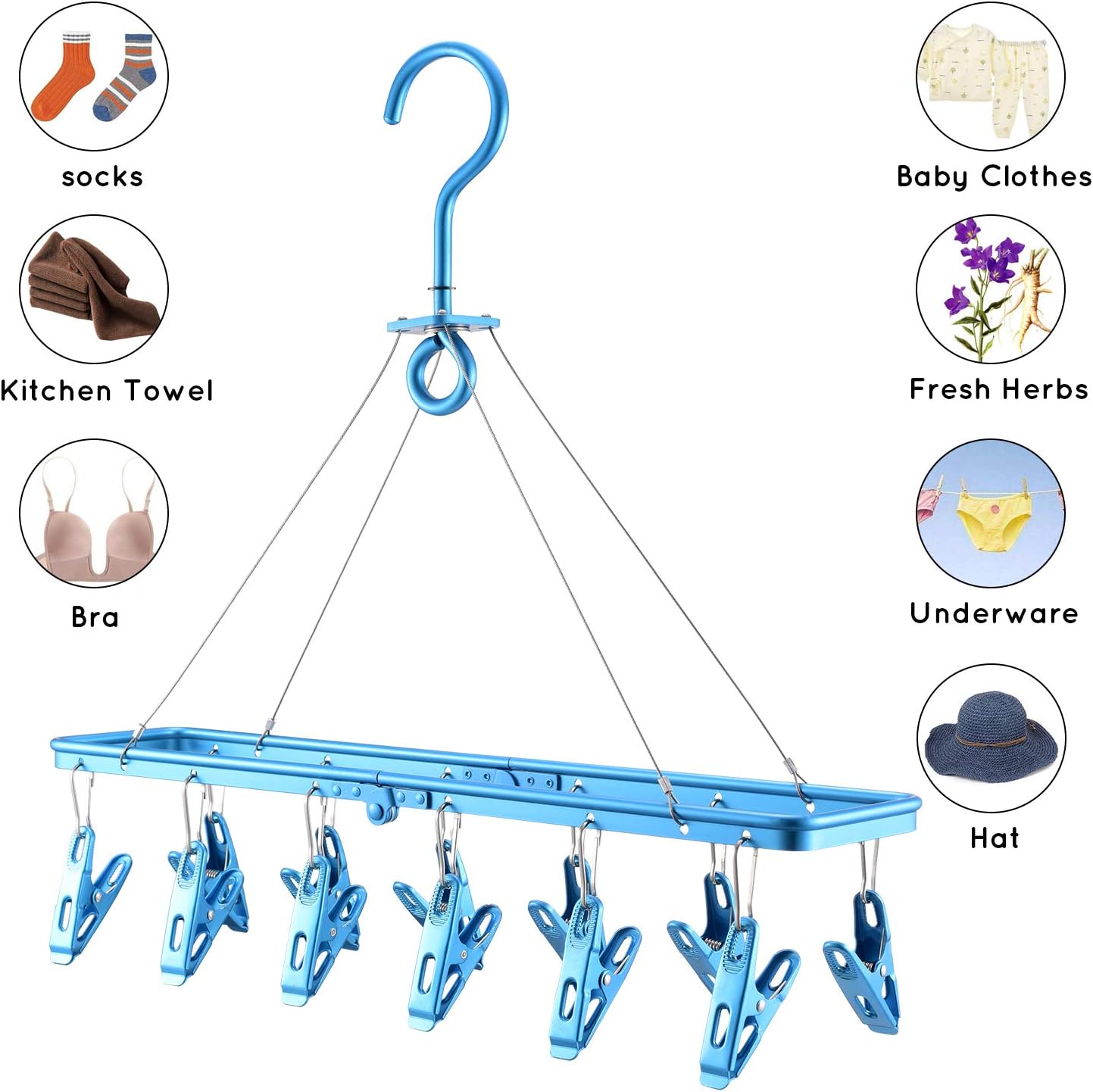 senbowe Foldable Clip and Drip Hanger, Clothes Hanging Drying Rack Sock Hanger Underwear Hanger with 12 Clips, Hanger for Towels, Bras, Baby Clothes, Gloves, Aluminium Alloy Laundry Hanging Air Dryer