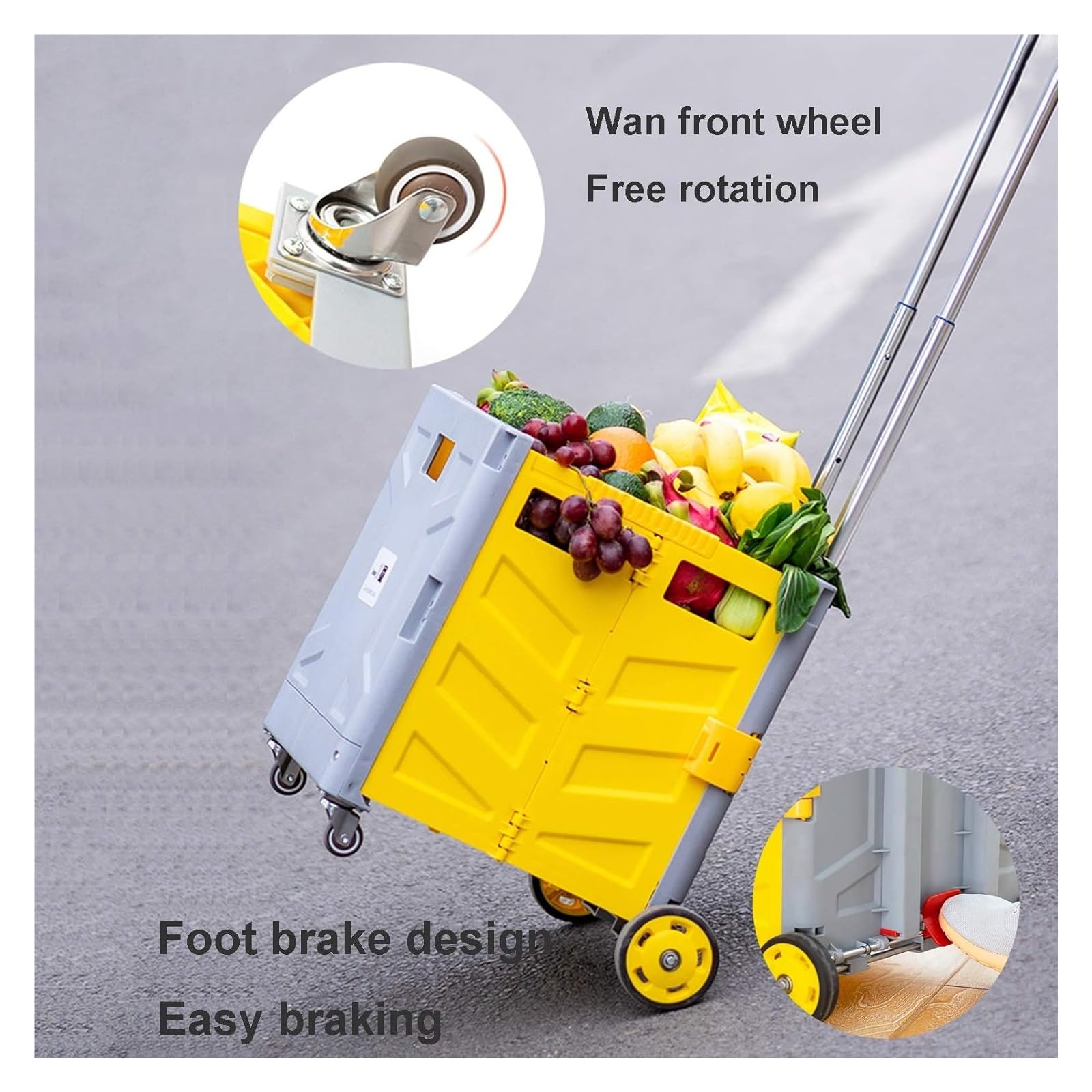 JCAKES Einkaufswagen Zusammenklappbarer Handwagen mit Rädern, zusammenklappbarer Stiefelwagen, tragbarer 4-Rad-Koffer, Einkaufswagen, Camping- und Angel-Festival-Einkaufswagen (Color : Gray+Yellow)