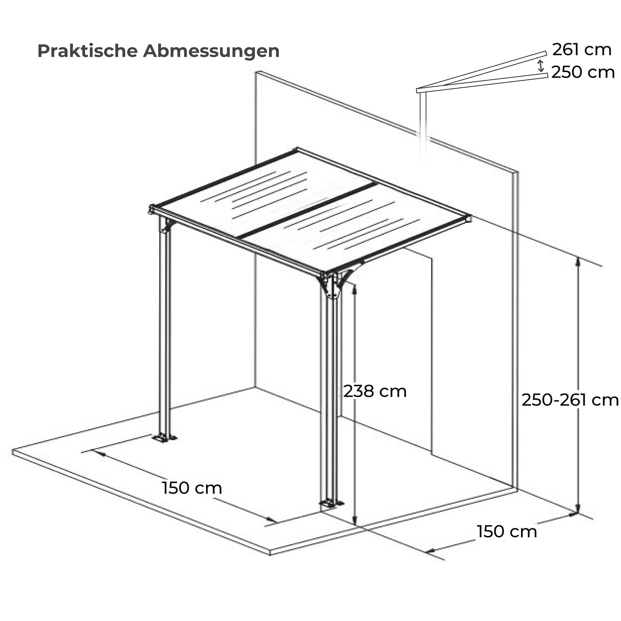 Haustürvordach Aluminium pulverbeschichtet transparentes Dach | Vordach Polycarbonat Überdachung Wasserführung 238 x 150 x 148/150 x 250/261 cm (H x B x T x H-hinten) anthrazit
