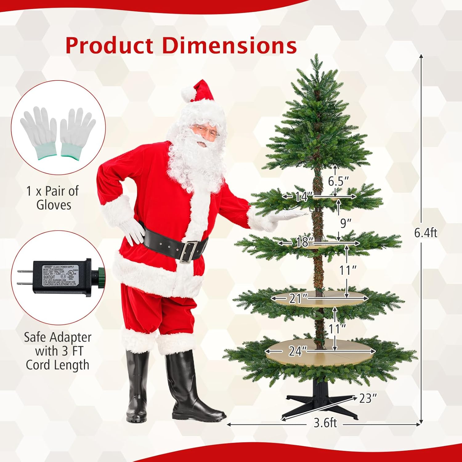 Goplus 6.4 FT Pre-Lit Rotating Christmas Tree with Display Shelves, 360° Rotatable Base, 220 Warm White & Multicolored LED Lights, 11 Modes, 280 Branch Tips, Hinged Artificial Xmas Tree for Home