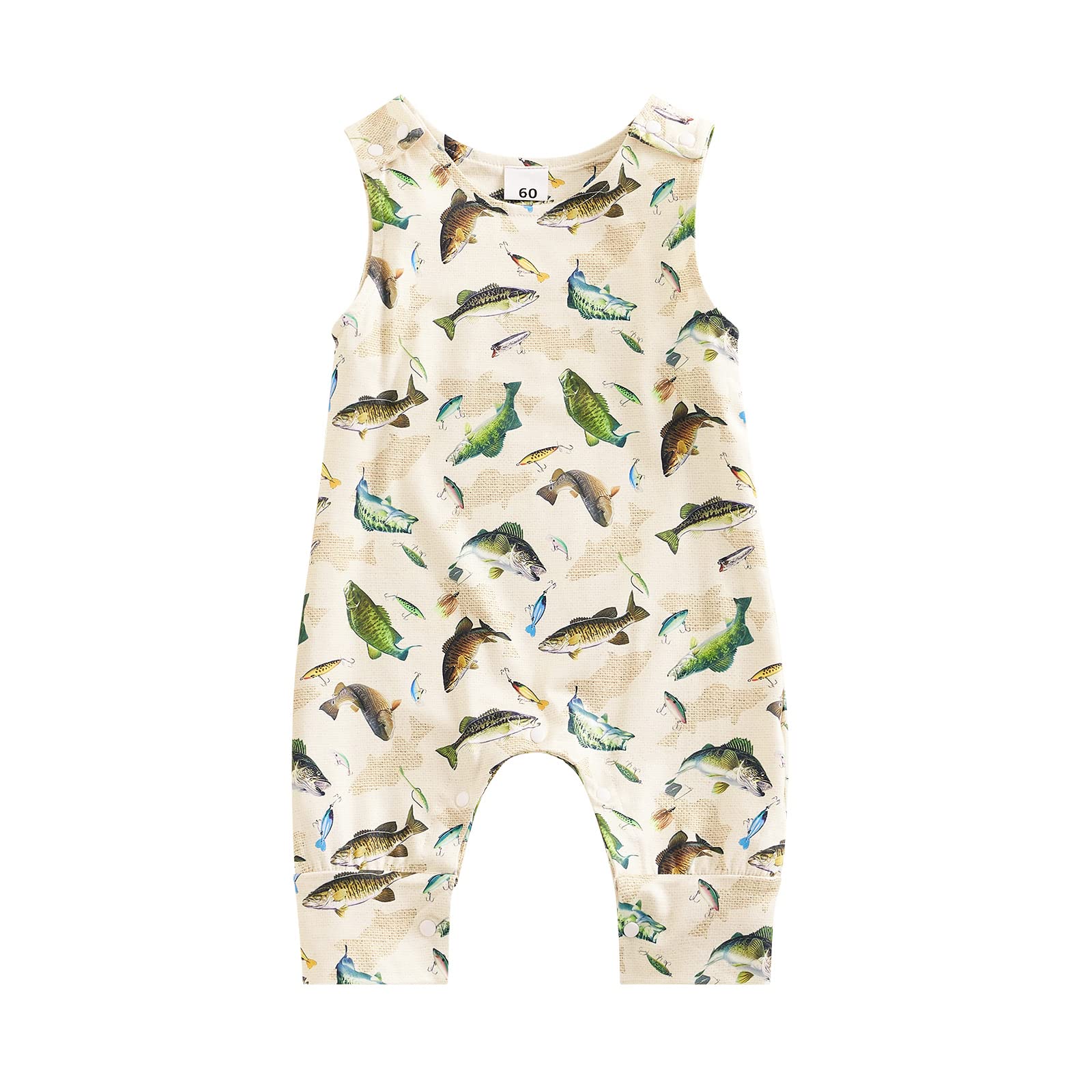 WALLARENEAR Newborn Baby Sleeveless Jumpsuit Dinosaur or Fish Print Short Romper Boys Girls One Piece Summer Outfit