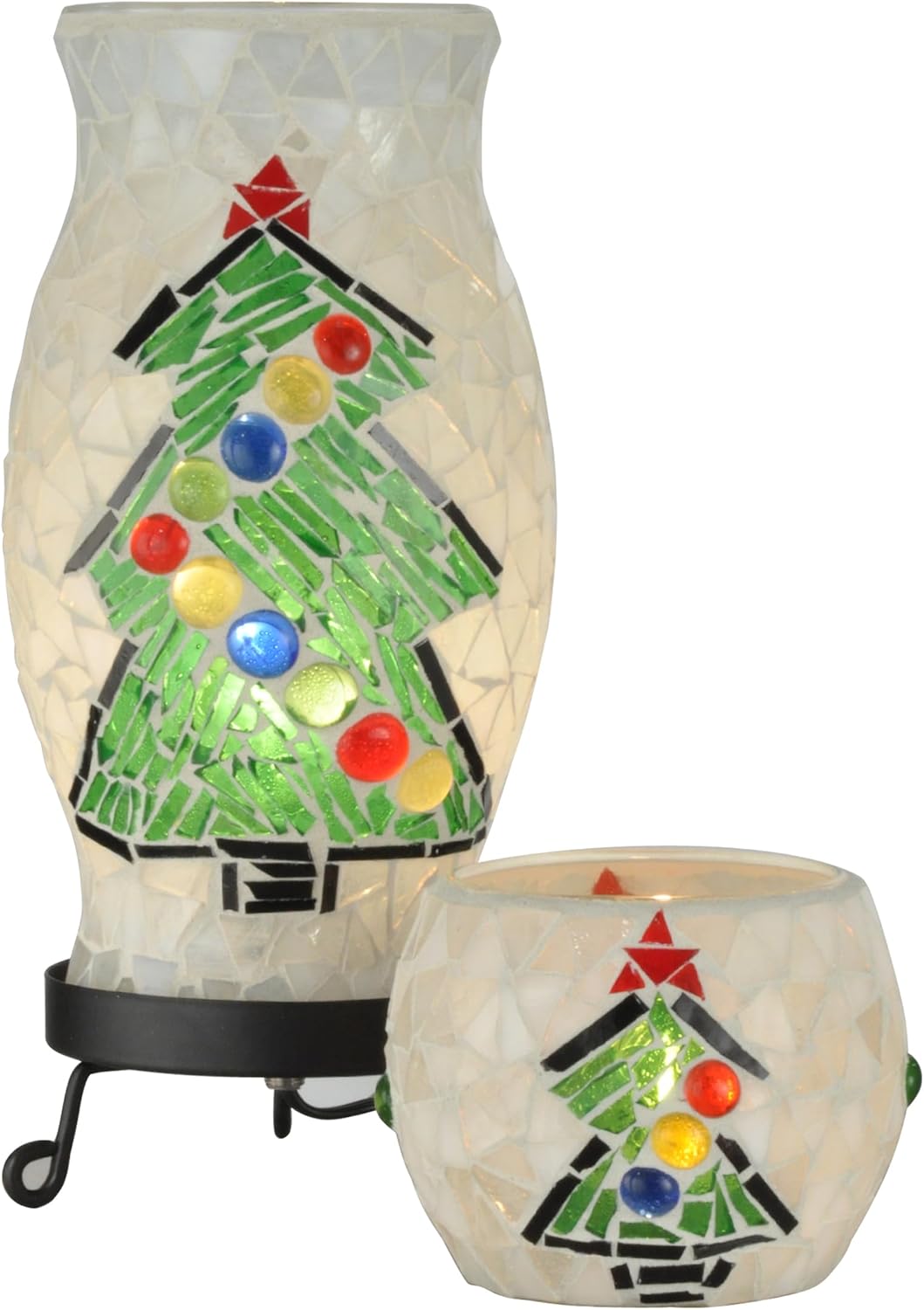 Dale Tiffany TAL100855 10.75" Tall Handmade Christmas Mosaic Art Glass Accent Lamp and Xmas Candle Votive Set