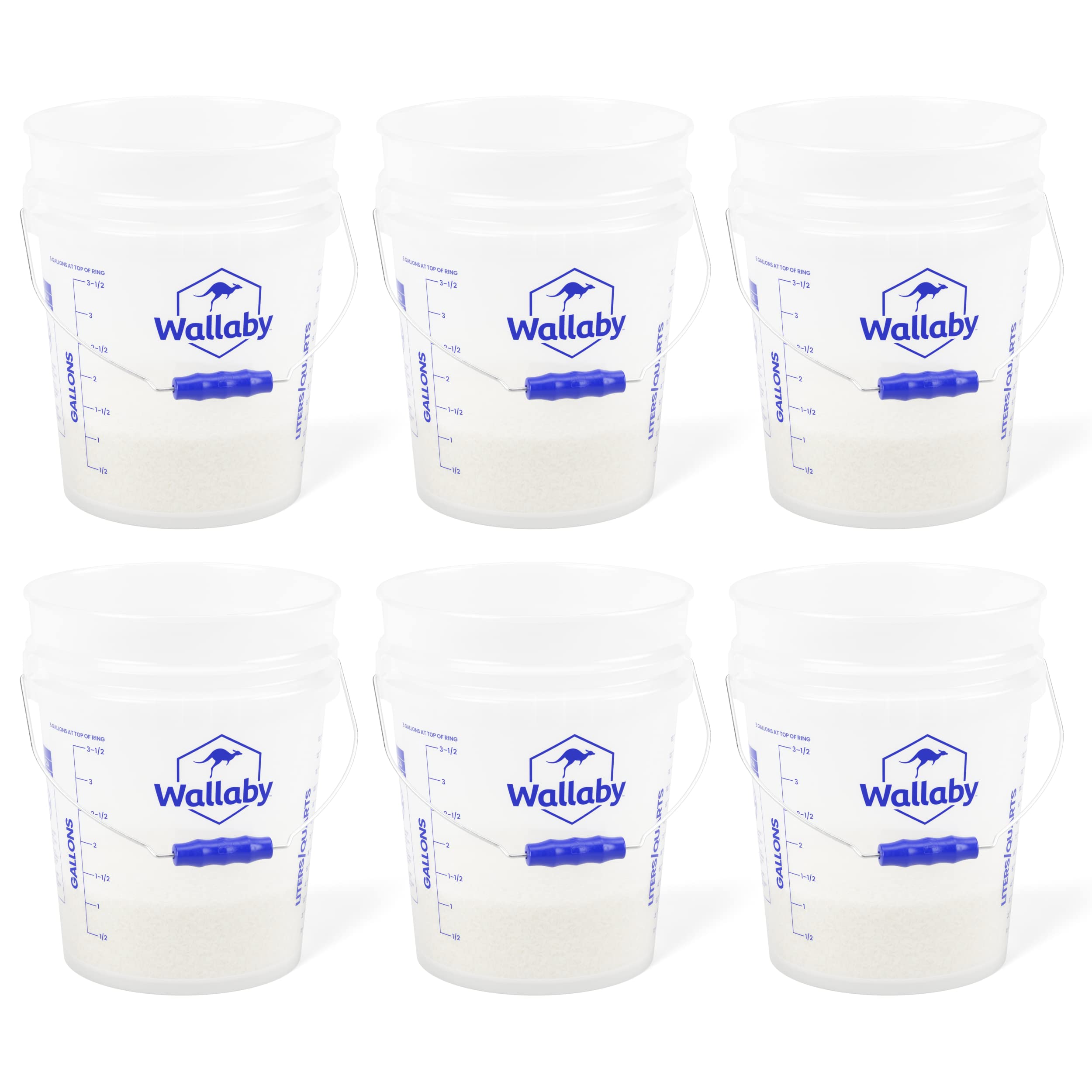 Wallaby 5-Gallon Bucket - Durable Food-Grade Plastic Drum - with Patent Pending Ergonomic Easy-Grip Handle & Measurement Lines - Stackable All-Purpose 90 Mil Pail, Reusable, BPA-Free (Clear, 6-Pack)