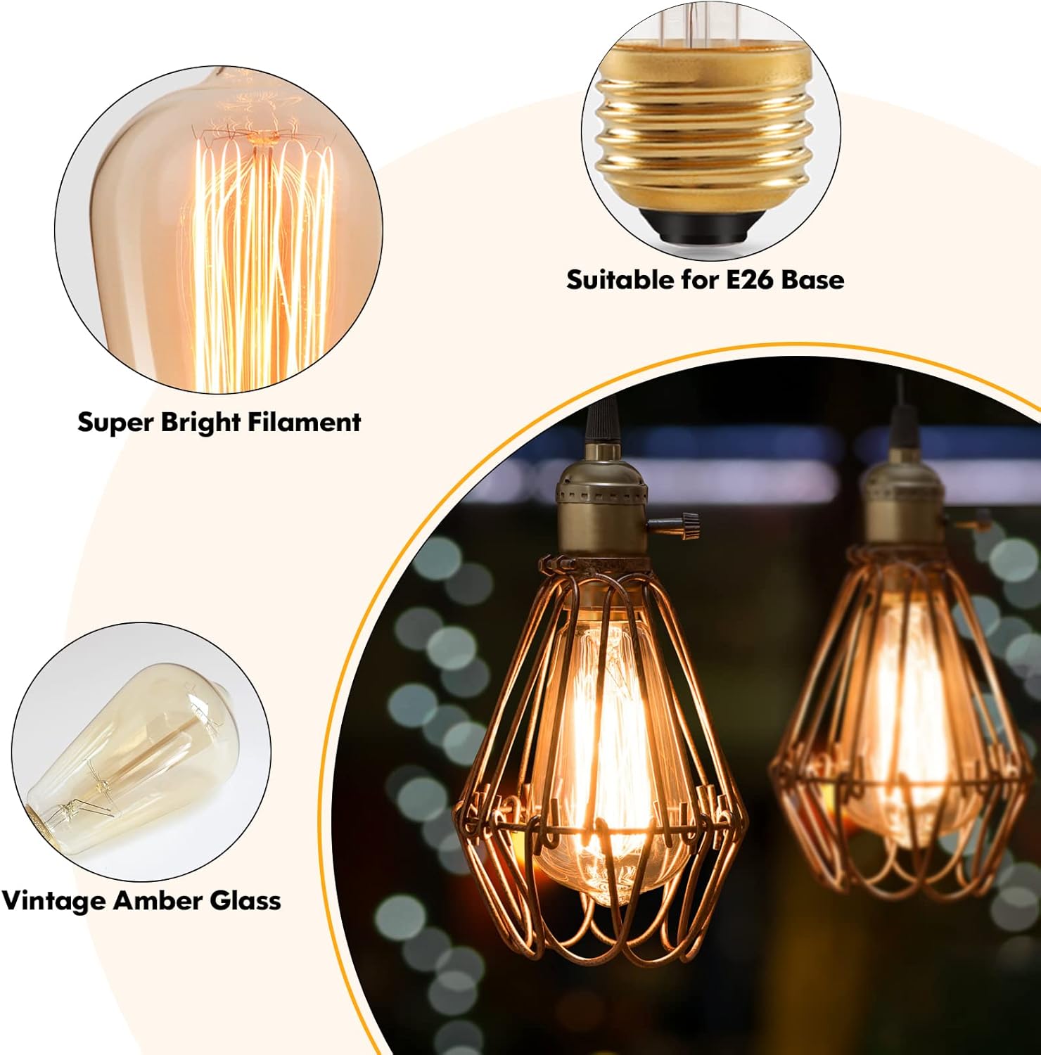 60 Watt Incandescent Edison Light Bulbs, Vintage Dimmable E26 Bulbs, ST64 2200K Warm White Antique 260LM E26 Medium Screw Base Amber Filament Bulbs for Home, Bedroom, Office, Decorative Lamp(4-Pack)