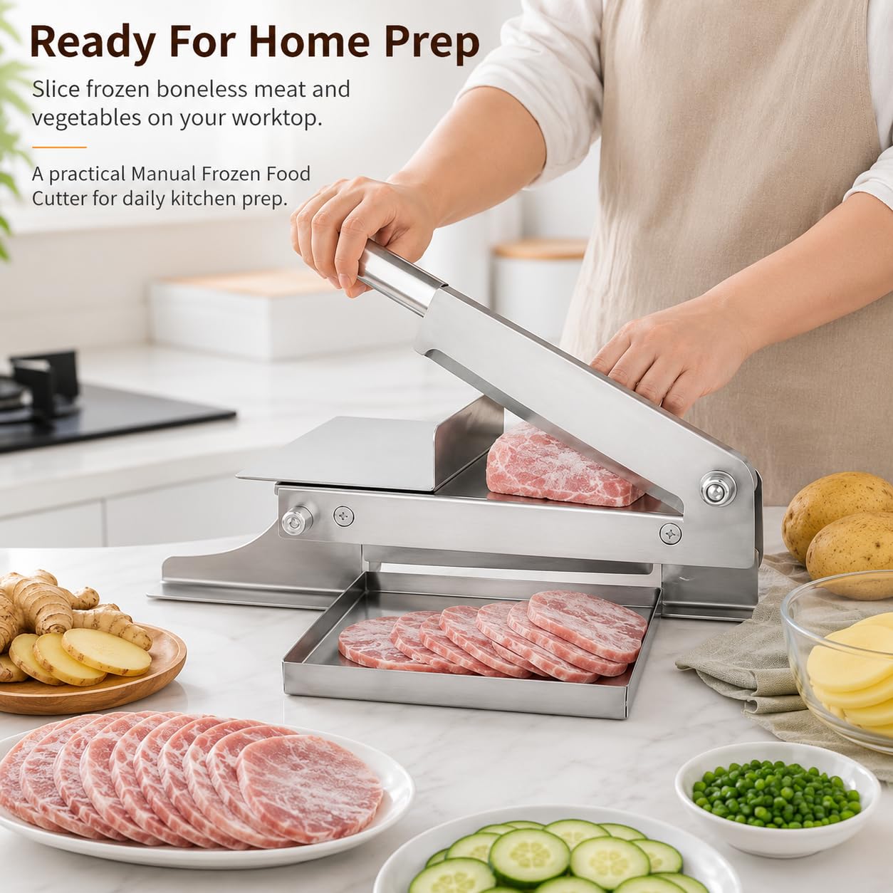 Cortador de carne con grosor ajustable y palanca de 35 cm, diseño compacto con bandeja de recogida para una preparación eficiente de alimentos