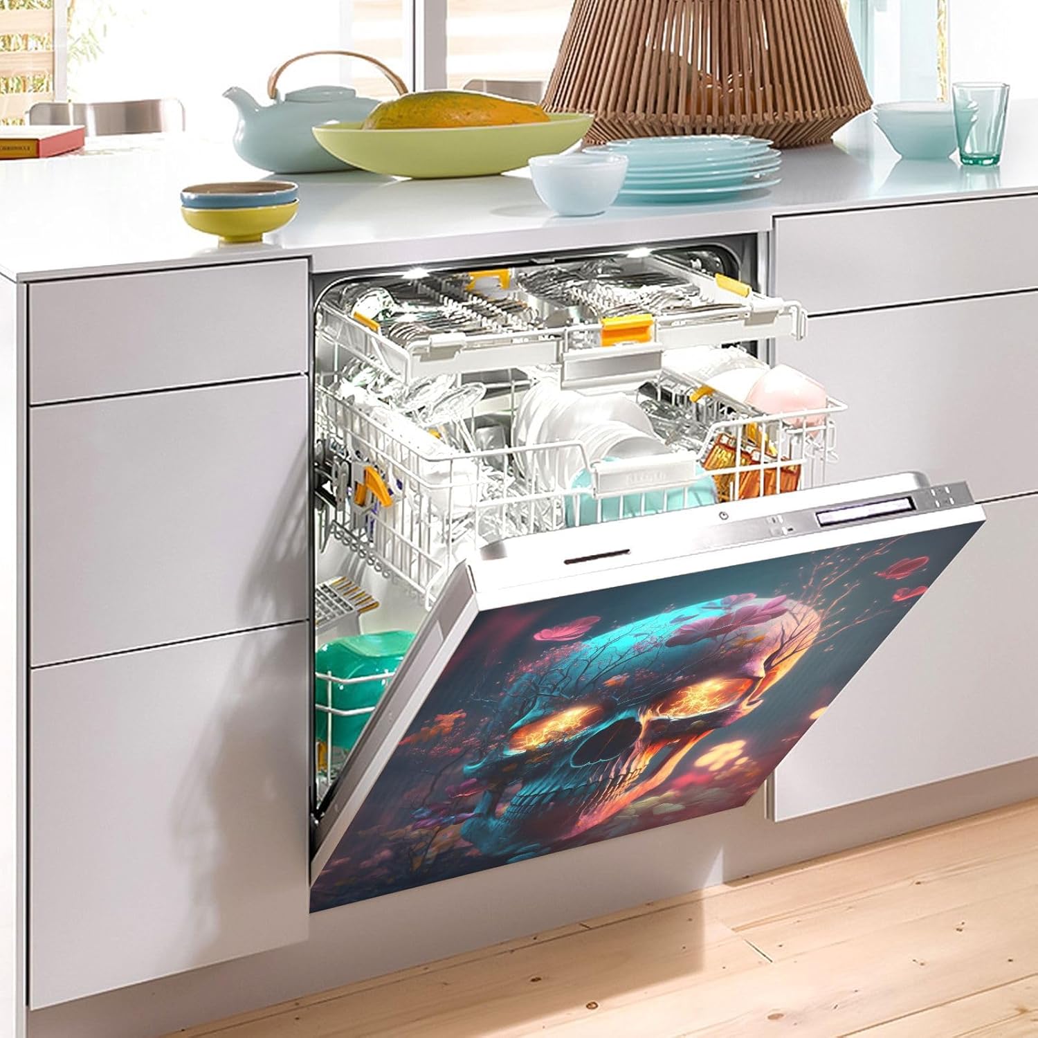 Vnurnrn Evil Skull Skeleton Dishwasher Magnet Cover, Dish Washer Cover for Kitchen Decor, Easily Trimmable Dishwasher Sticker Refrigerator Magnetic Cover 23×26 in