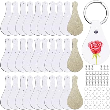 AOUXSEEM 30 Sets Sublimation Keychain Blanks Making Kits, Shiny Glitter for Heat Transfer and PU Faux Lather Back, Customized Key Fob for Families/Friends DIY Craft Gift Supplies Light Gold Back