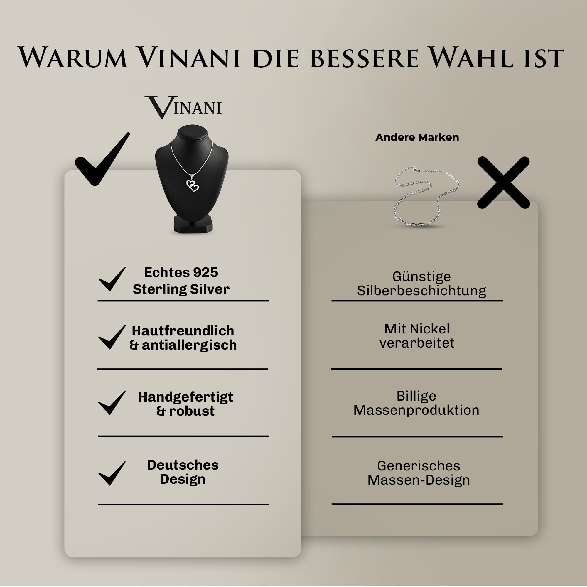 Herzkette 925 Sterling Silber mit 2 verbundenen Herzen für Damen, AAH-S | Glänzender Anhänger, Schlangenkette, nickelfrei, antiallergisch, langlebig verarbeitet, designed in Deutschland.