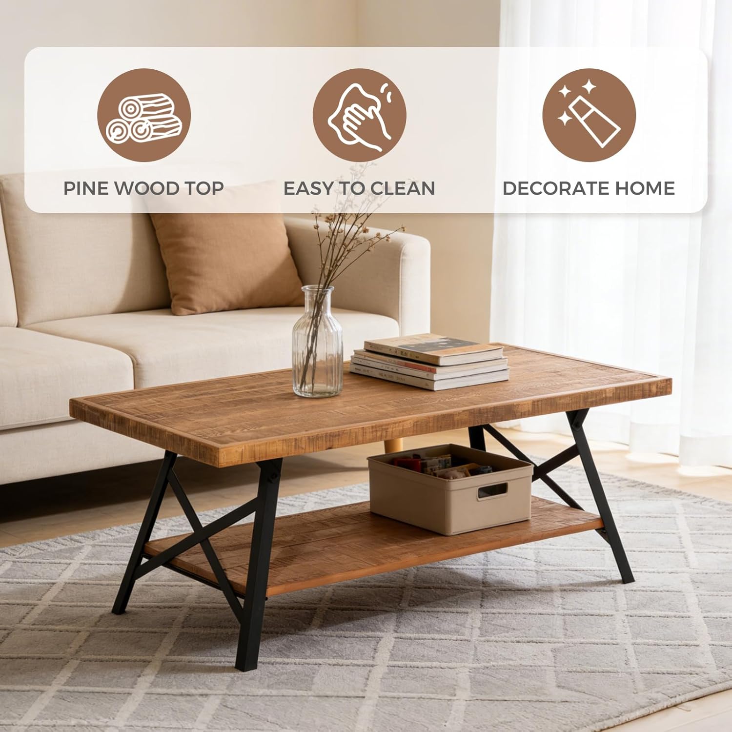 48" Solid Pine Wood Coffee Table, 2 Tier Rectangular Center Table with Sturdy Metal Legs, Farmhouse Cocktail Table for Living Room, Thick Wooden Tabletop, Rustic Brown