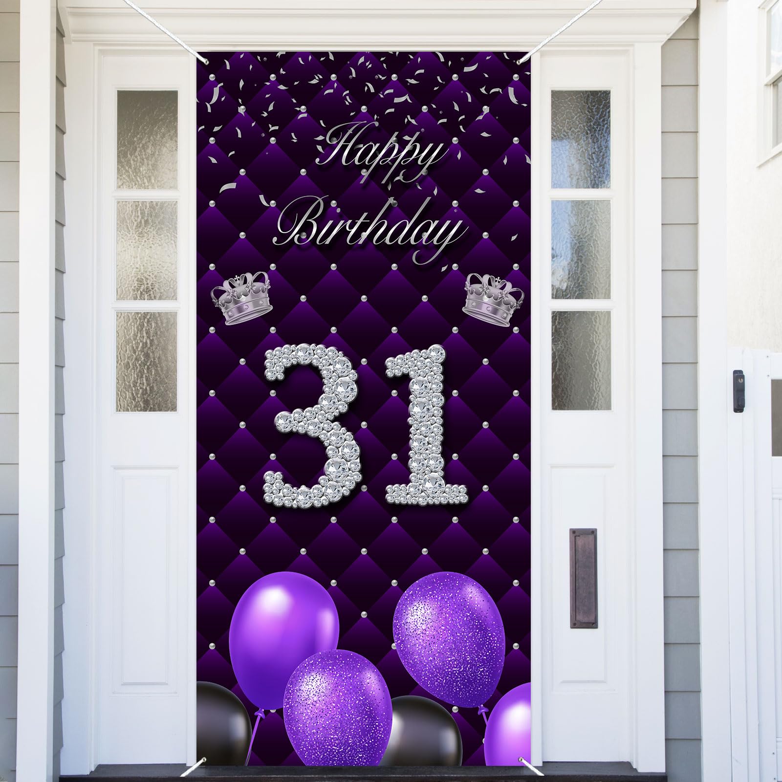 Happy 31st Birthday Purple Banner Backdrop Photo Booth Props Balloons Silver Crown Theme Decor for Woman Thirty One Year Anniversary 31 Years Old