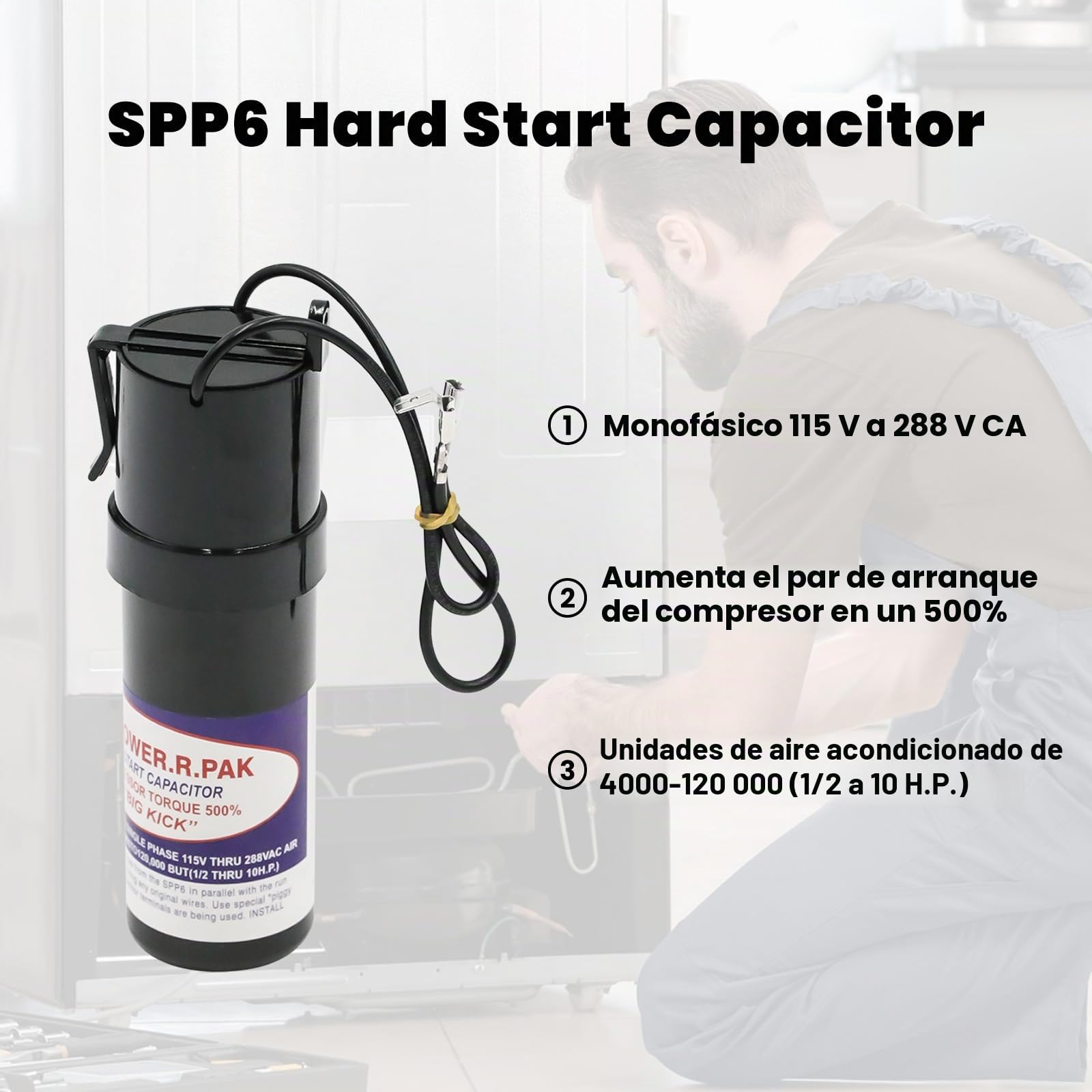 SPP6 - Kit de arranque duro para aire acondicionado, repuesto de 115 V a 288 VAC, unidades de condensador de arranque duro de 4.000 a 120.000 (1/2 a 10 H.P.), aumenta el par del compresor 500%, 2