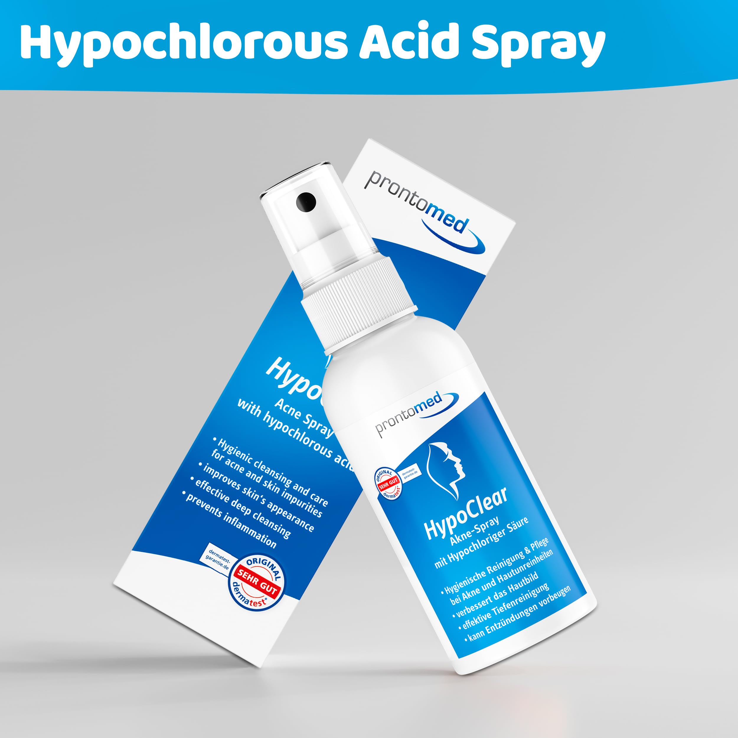 Prontomed HypoClear Spray contre l'acné 75ml – Soin efficace de la peau avec acide hypochloreux/Hypochlorus Acid | pour l'acné, les imperfections et les rougeurs | Pour une peau claire et saine – doux