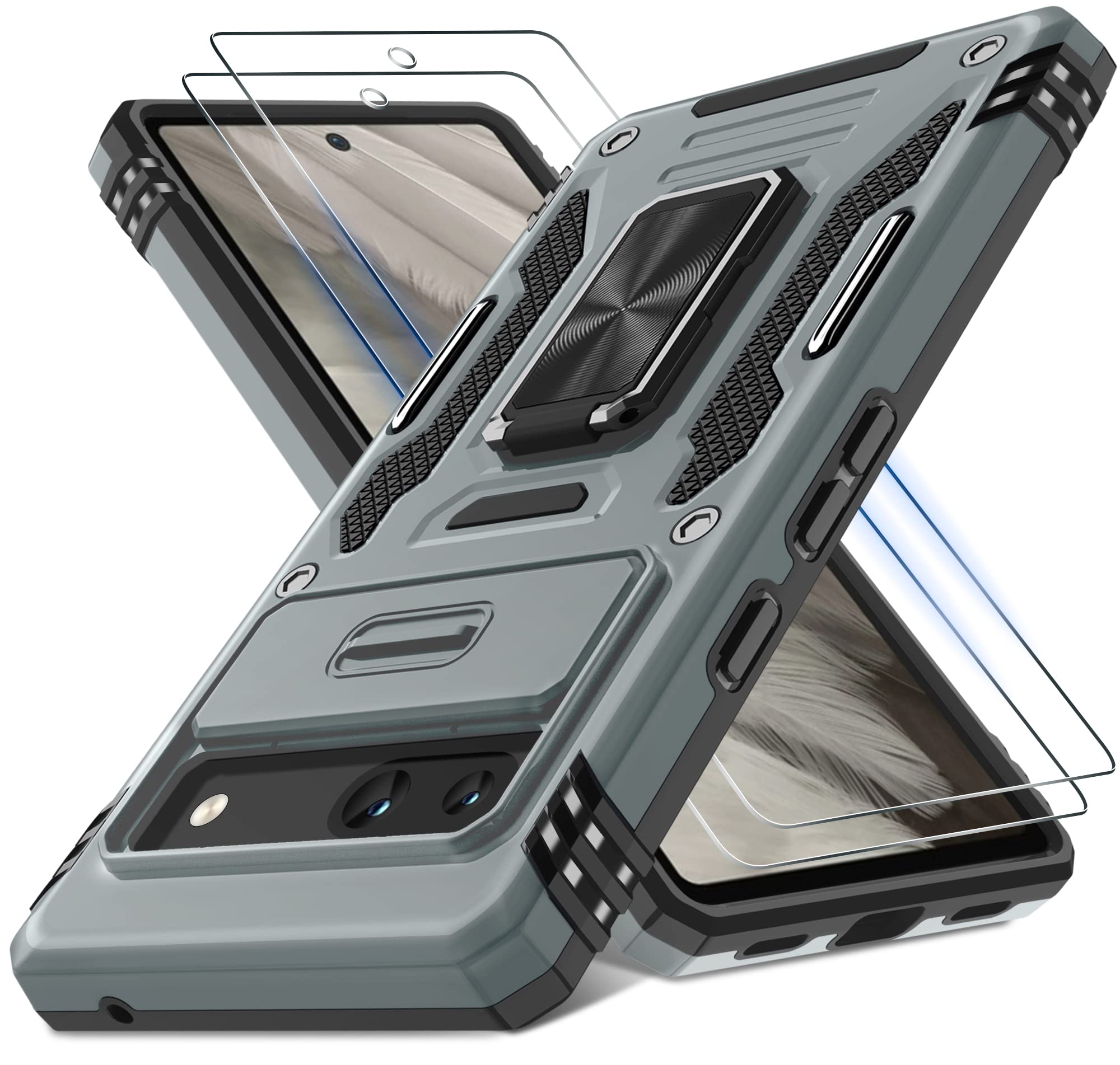 DEERLAMN Case for Google Pixel 7a with Slide Camera Cover+Screen Protector (2 Packs), Rotated Ring Kickstand Military Grade Shockproof Protective Cover-Grey for Pixel 7A-6.1 Inch Grey