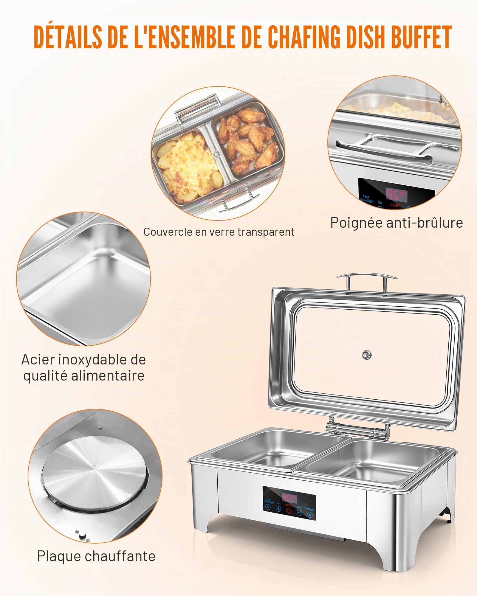Chafing Dish Buffet Electric, Chauffe Assiette électrique 9L, Chauffage Buffet avec contrôle d'écran Tactile et Couverture de confidentialité en Verre, réchauffeur en Acier Inoxydable