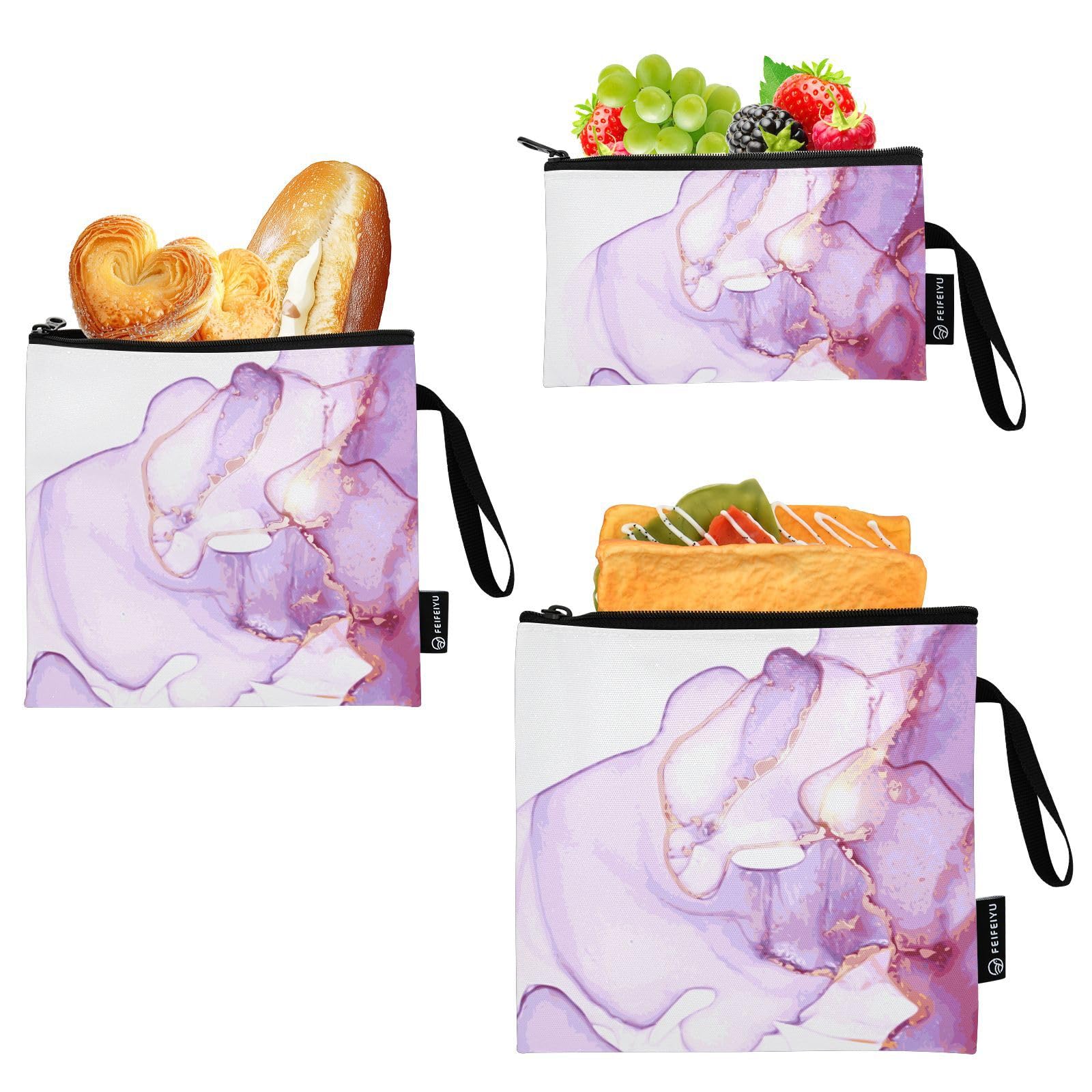 OTVEE Reusable Pink Purple Marble Texture Sandwich and Snack Bags for Lunch Washable Fabric, Waterproof Cloth Zip Bag, Travel Pouch, Food-Safe 3 sizes