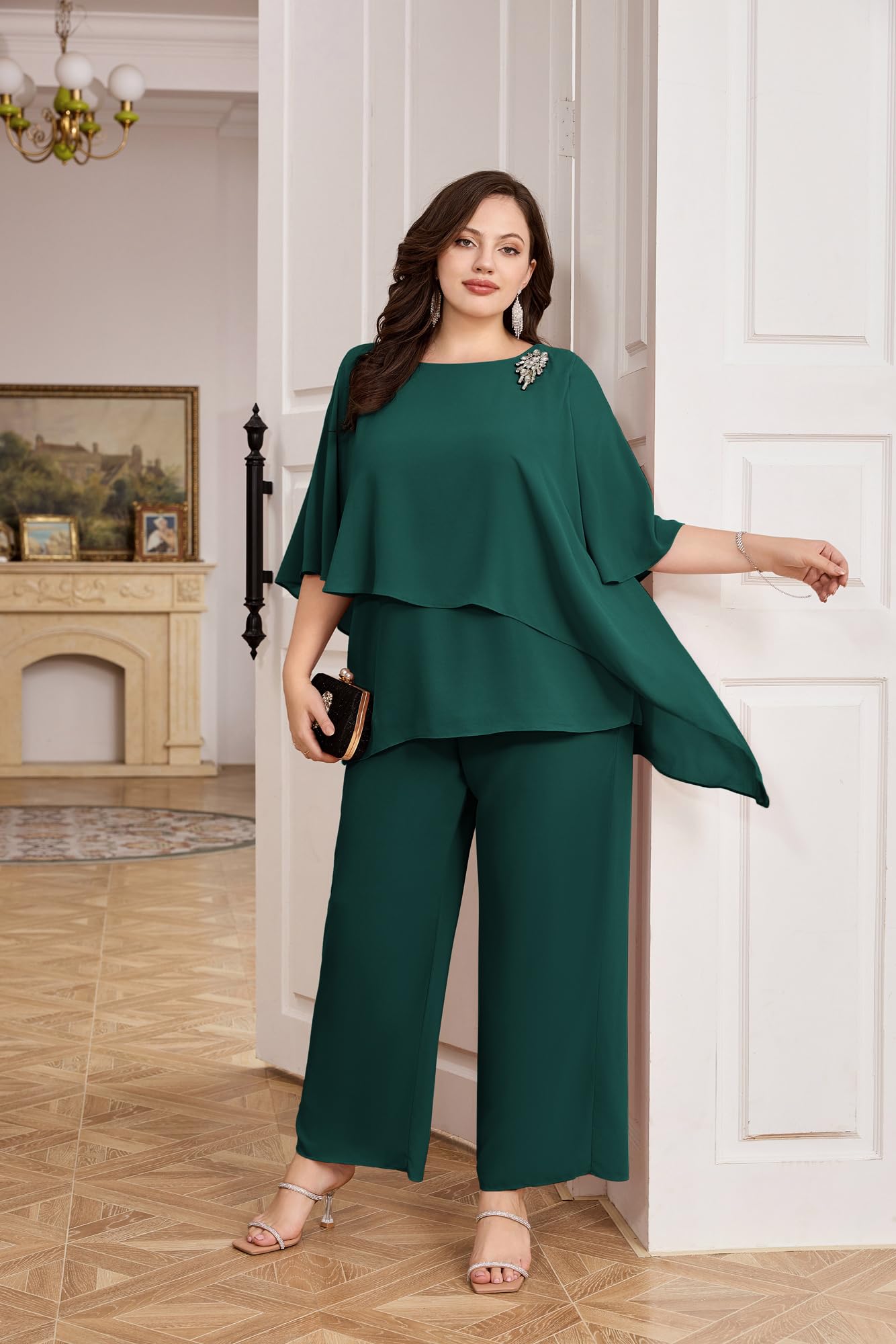 Hanna Nikole Conjunto elegante de traje de noche para mujer, talla grande, conjunto de 2 piezas, traje de cóctel, fiesta, pantalones festivos, camisa de gasa de dos piezas y pantalones de cintura alta
