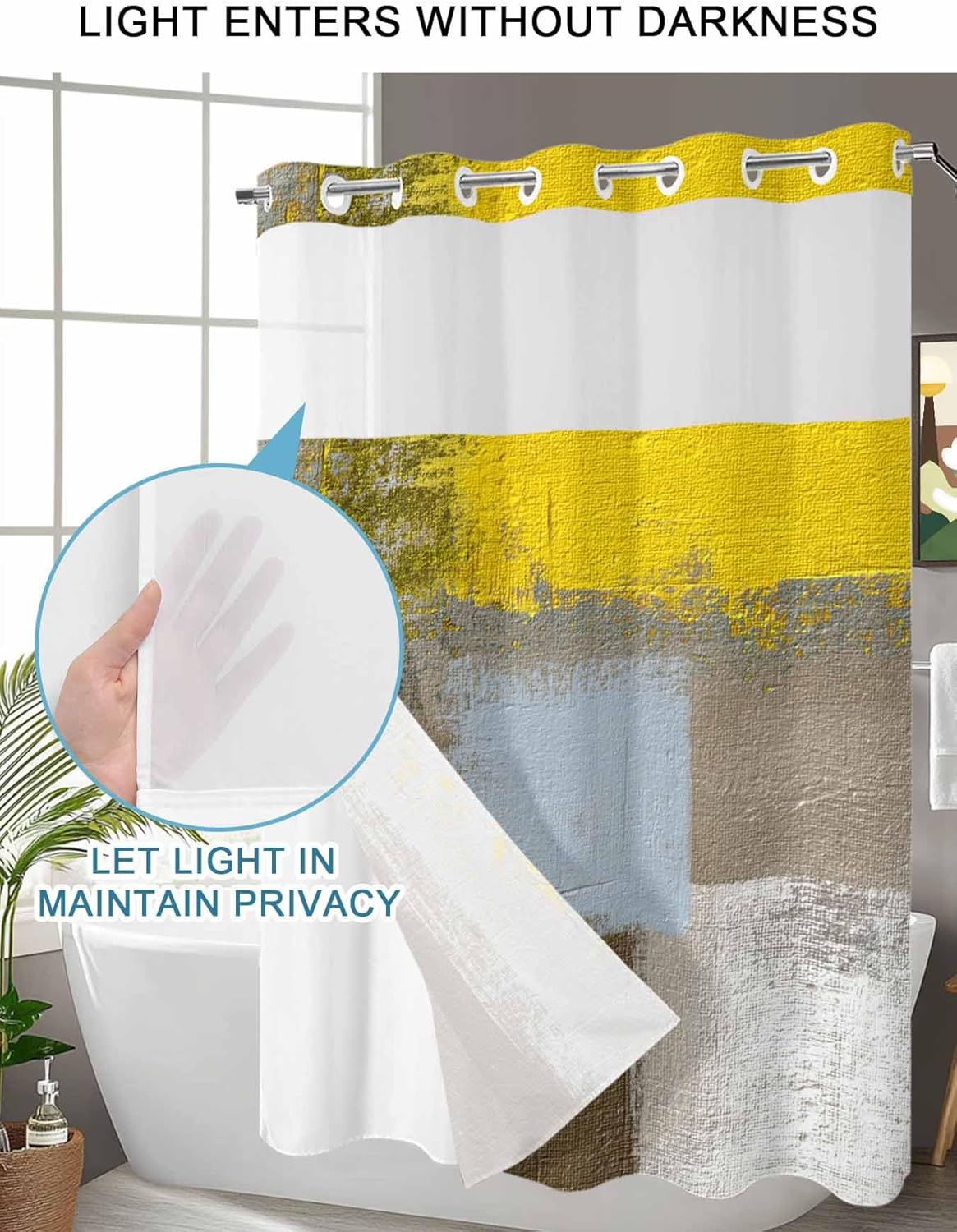 No Hook Yellow Brown Shower Curtain with Snap in Liner Set, Abstract Blue White Vintage Oil Painting Waterproof Fabric Bathroom Curtains with See Through Top Window, Long 72 x 84 Inch