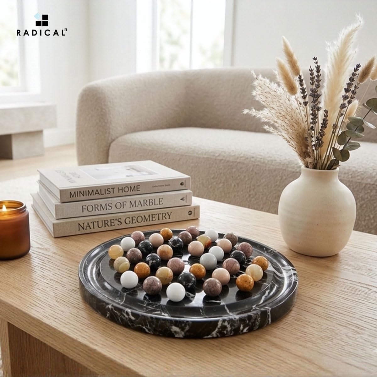 Marble Solitaire Game 10" Inch Black Handmade Peg Solitaire Board Game with Marbles, Classic Marble Puzzle Game, Modern Tabletop Brain Teaser for Adults, Ideal for Coffee Table Decor
