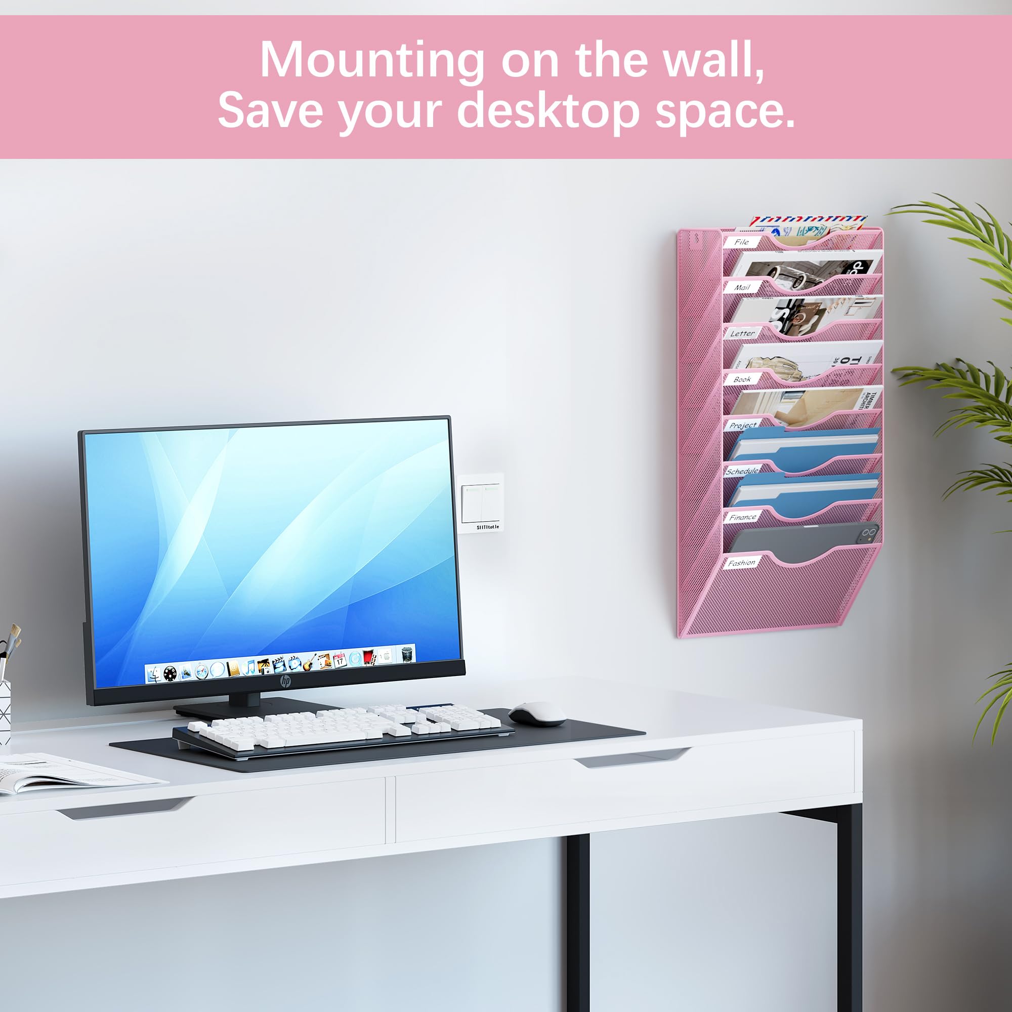 EasyPAG Organizador de archivos de pared de malla de 8 bolsillos con soporte para llaves, fácil gestión y clasificación de archivos, soporte de pared que ahorra espacio para oficina, hogar, aula