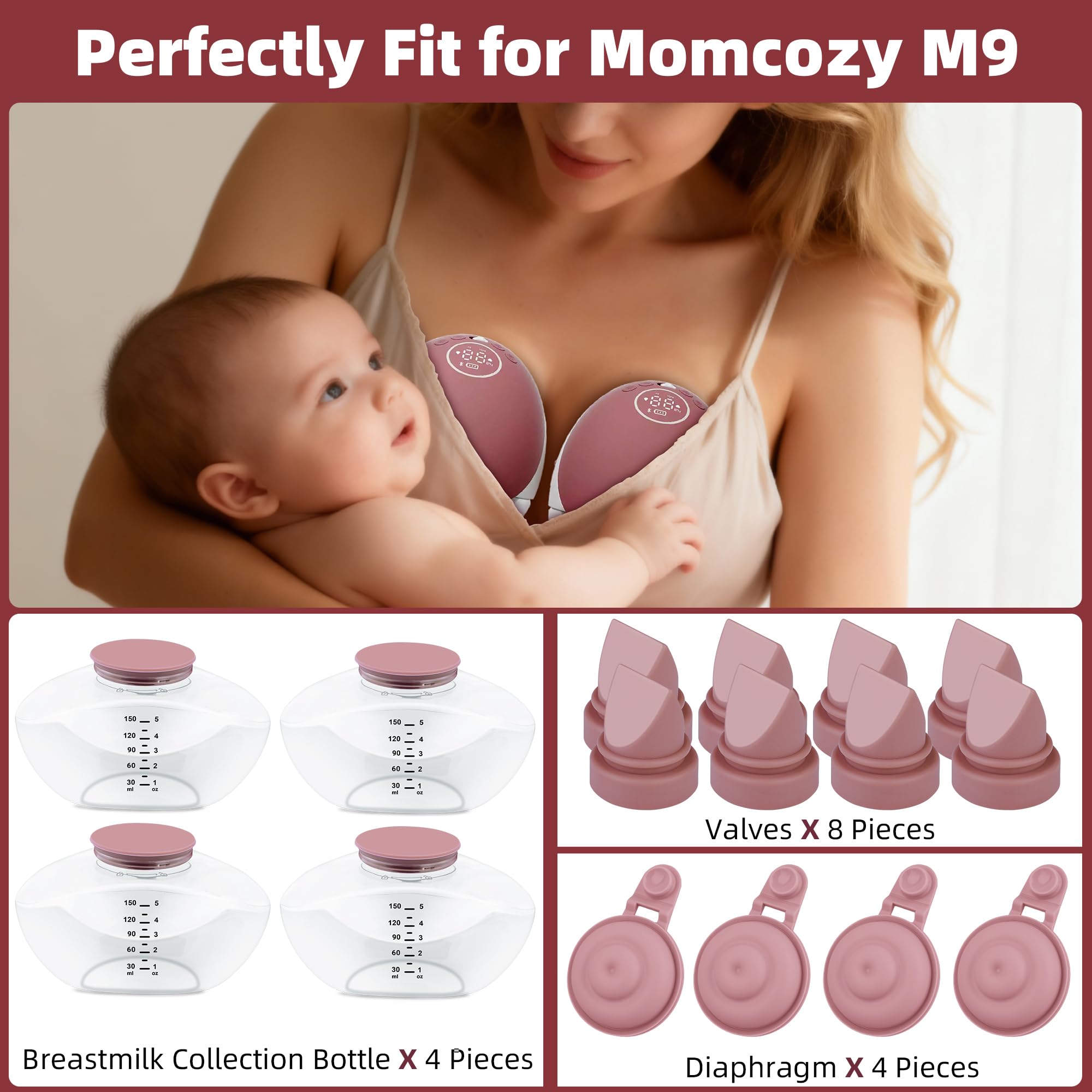 Zestaw części zamiennych do laktatora Momcozy M9 – zawiera 4 szt. pojemników na mleko matki, 8 szt. zaworów kaczych dziób, 4 szt. membran i szczotki do czyszczenia, bez BPA, łatwe do