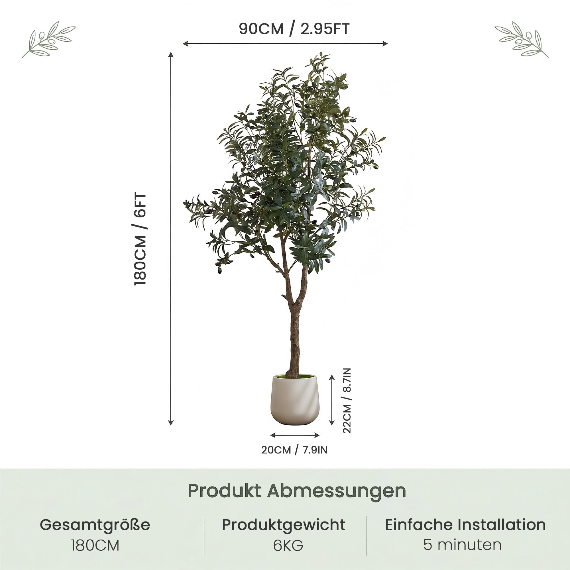 ZKIODV Olivenbaum Künstlich 180cm, Fake Olive Baum mit Lebensechter Früchten, Kunstpflanze Groß mit Weiß Topf, UV Beständig, Künstliche Pflanzen wie Echt für Büro Wohnzimmer Dekor, Faux Olive Tree