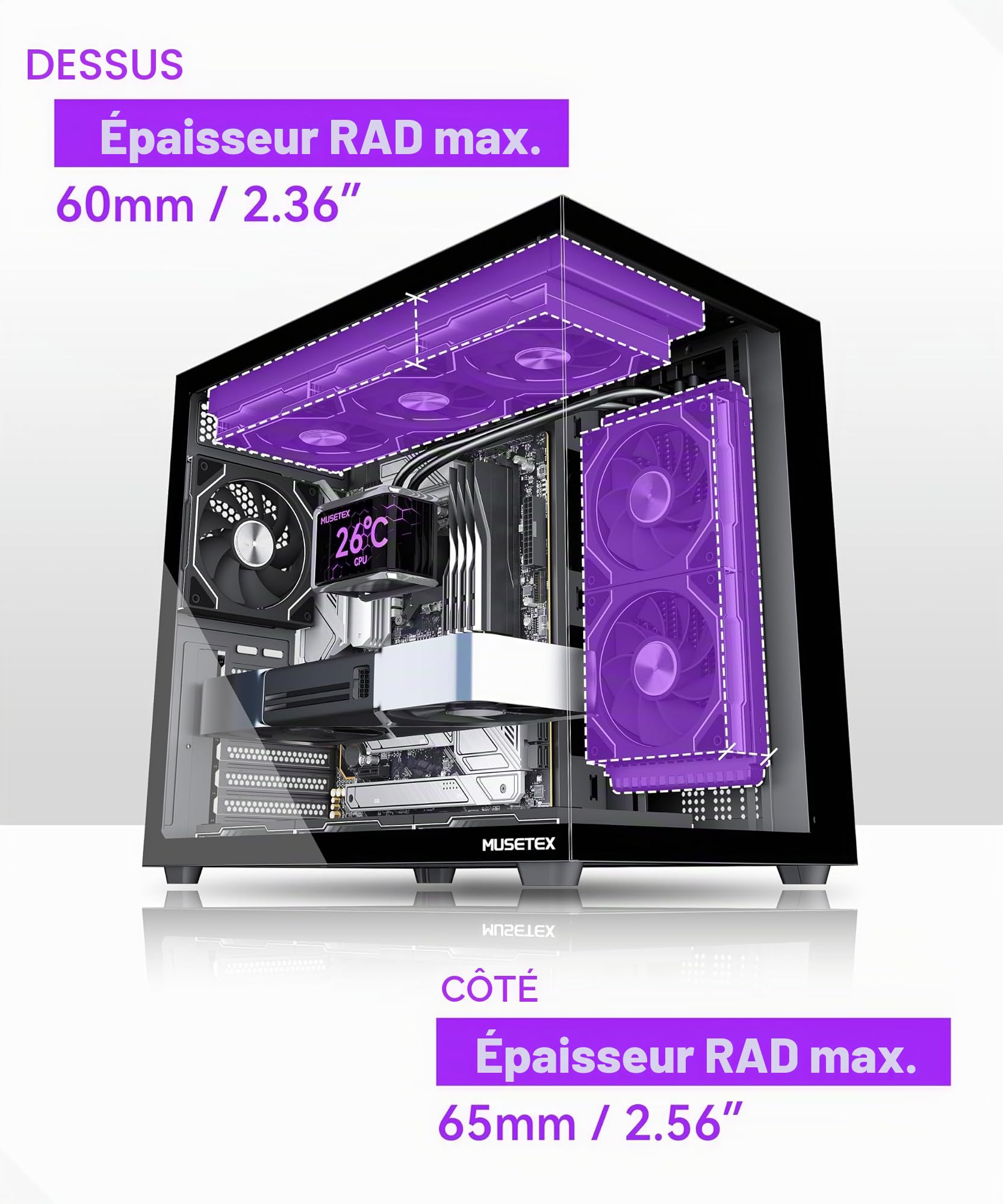 MUSETEX Y6 Boîtier PC, 7 Ventilateurs ARGB PWM Infinity Mirror préinstallés, Vue 270° en Verre Trempé, Connectique Type-C, Boîtier PC Gamer Mid-Tower ATX, Noir