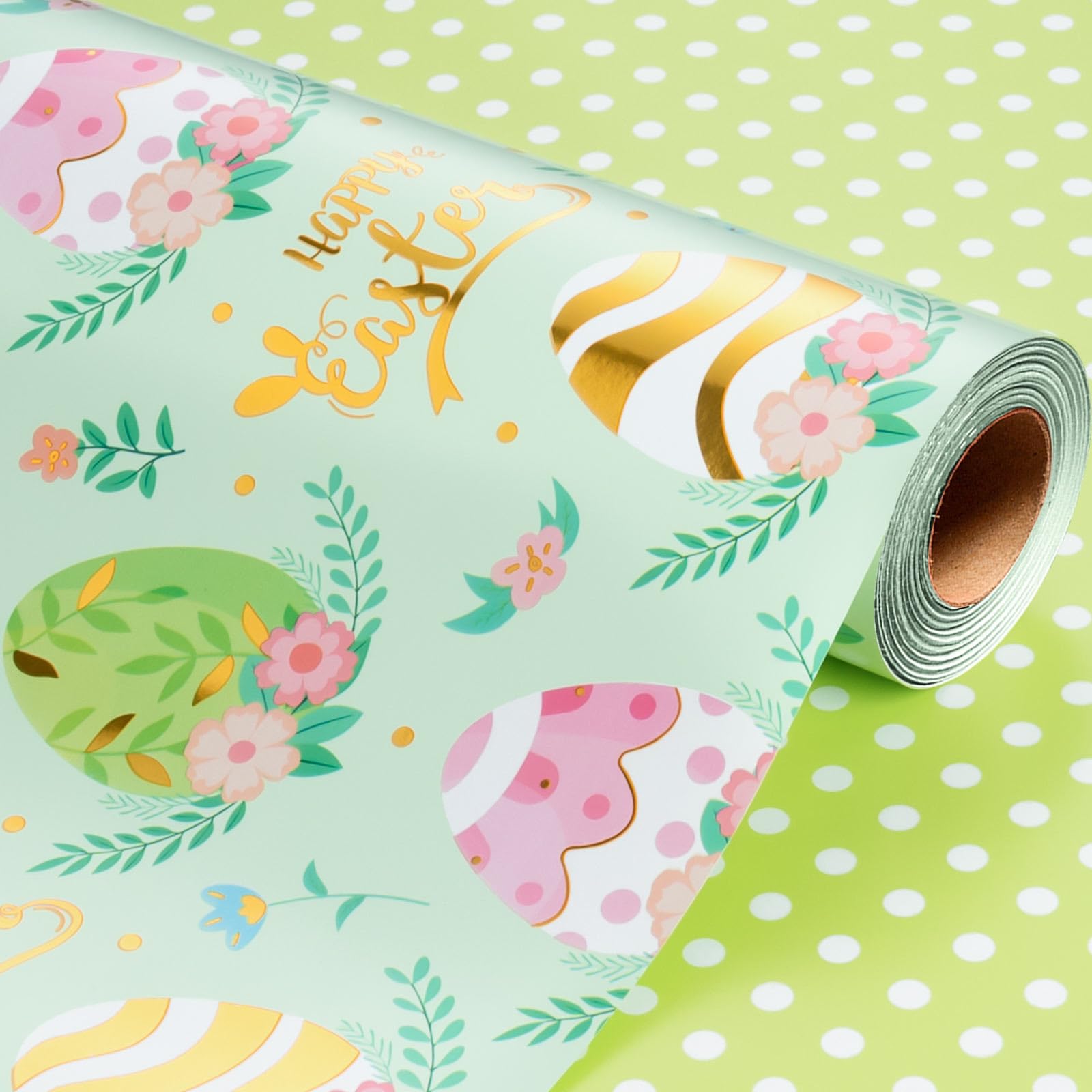 Wikadlik Light Green Easter Wrapping Paper - 43cm x 10m Metallic Gold Foil Shine Colorful Eggs Green Polka Dots Gift Wrap