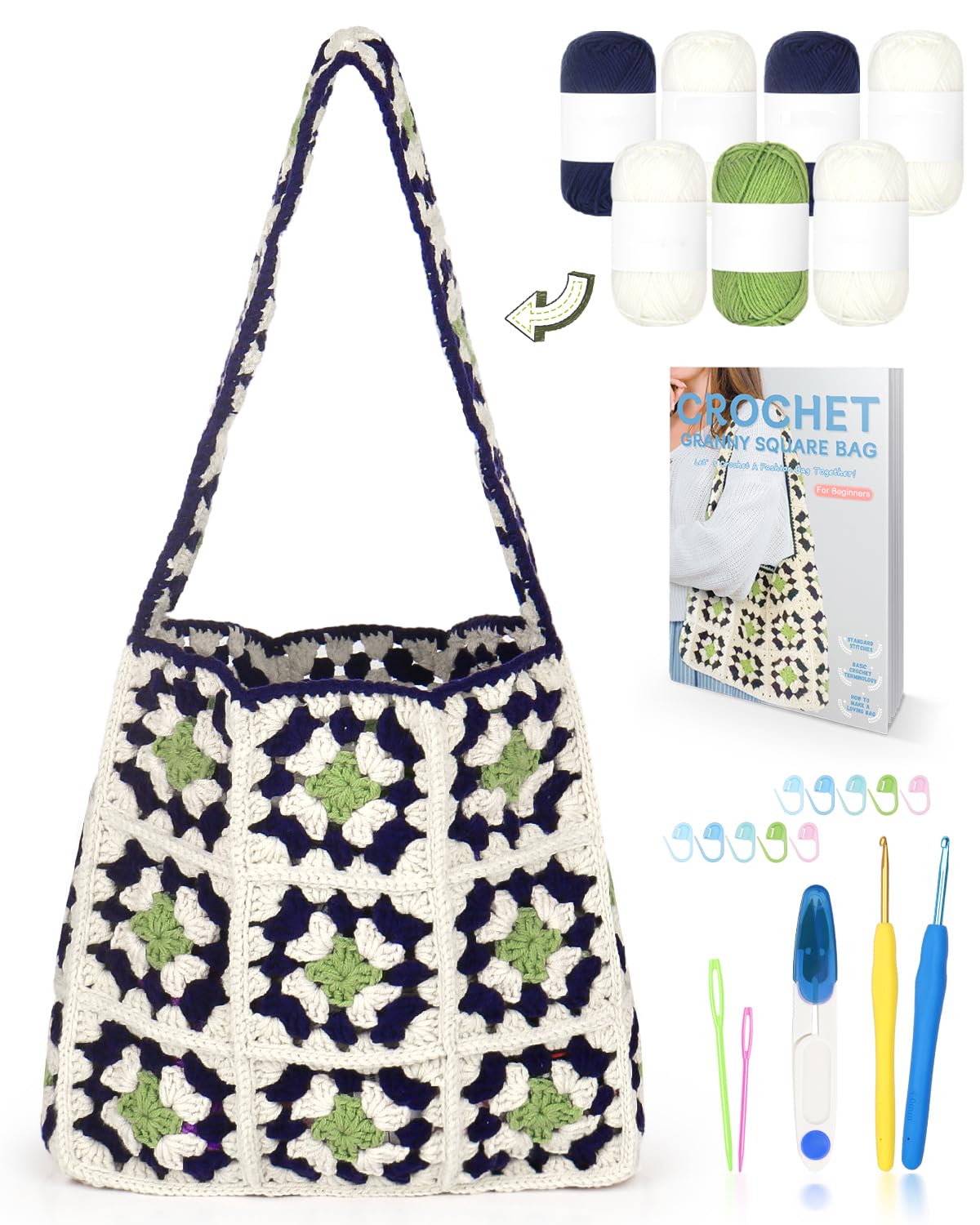 Reessy Crochet Kits for Beginners Adults Granny Square Crochet Bag Kit, Crochet Starter Kit with Step-by-Step Instructions