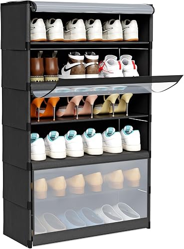 Belfoyer Meuble Chaussure Entree 6 Etageres avec Porte en PVC Anti-poussière Fac