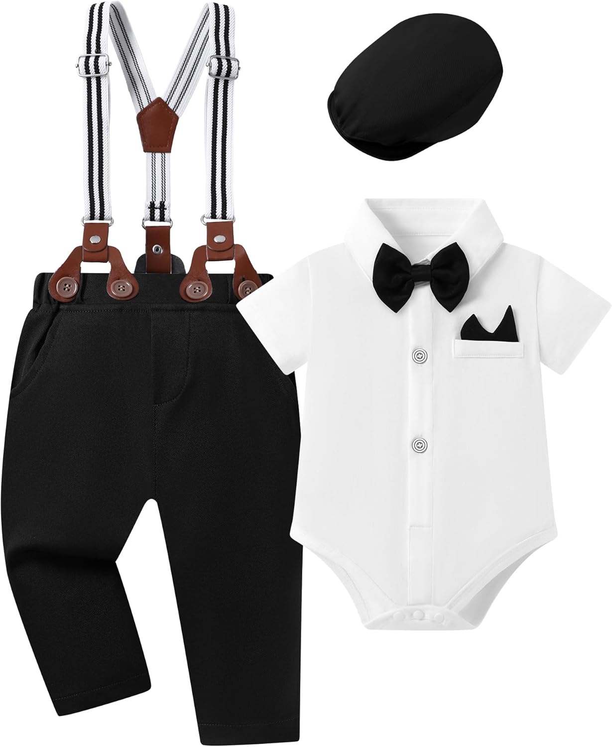 Coco&RARA Baby Boy Clothes Suits Infant Tuxedo Gentleman Dress Shirt with Bowtie Beret Suspender Pants Outfit Sets 0-18M