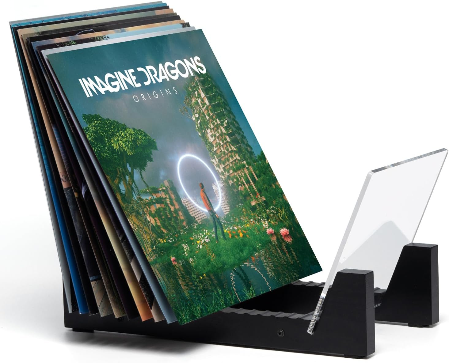 - KAIU Vinyl Record Storage - Solid Wood with Crystal Clear Acrylic Holder - Premium Design, Perfect 12" LPs or 7" Singles Display Unit - Stores and Supports up to 50 Albums (Modern Black)